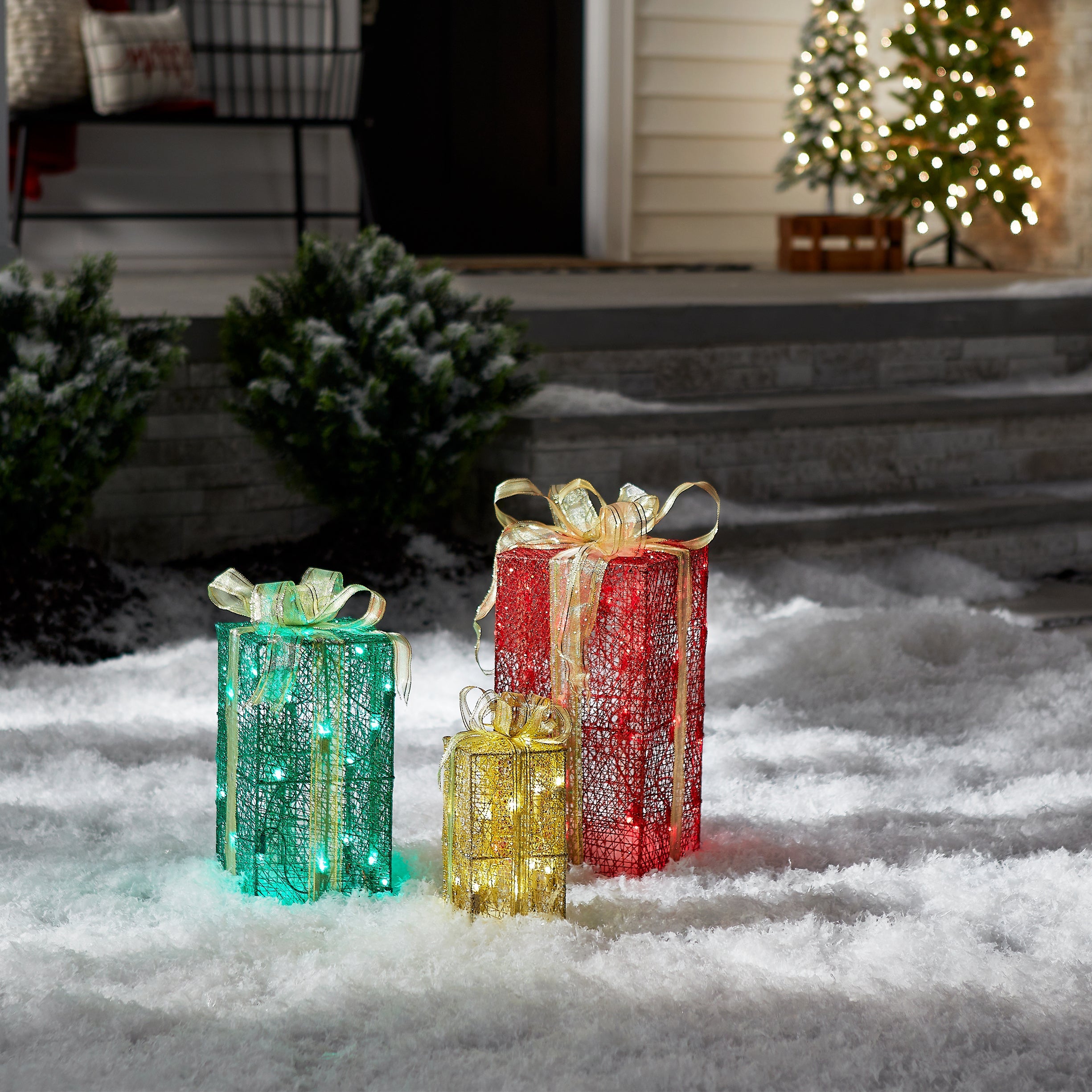 Pre-Lit Multicolor Gift Boxes, Set of Three, White Lights