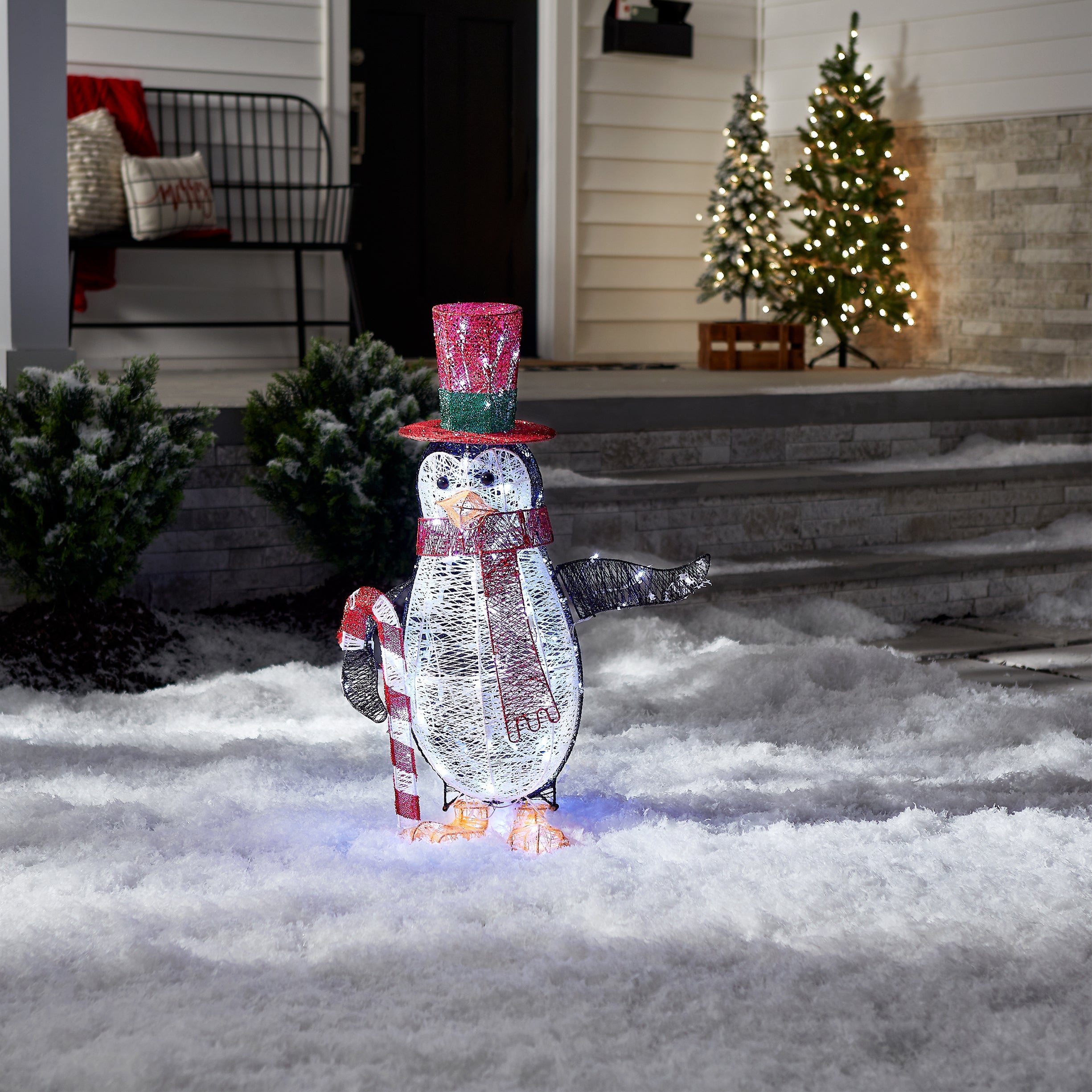 36 in. Pre Lit Penguin with Red Top Hat and Candy Cane Decor