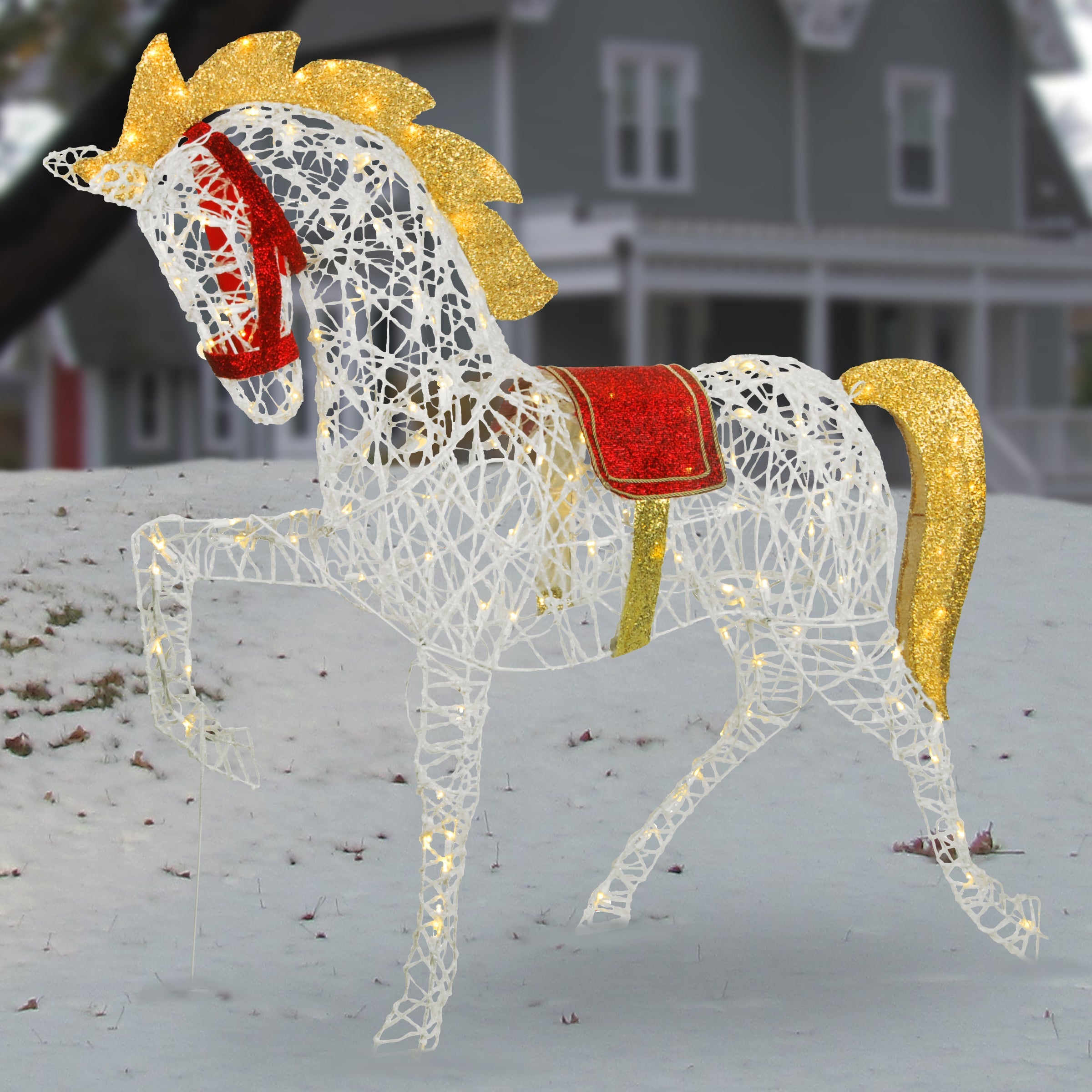 48 in. White Glittered Horse with LED Lights