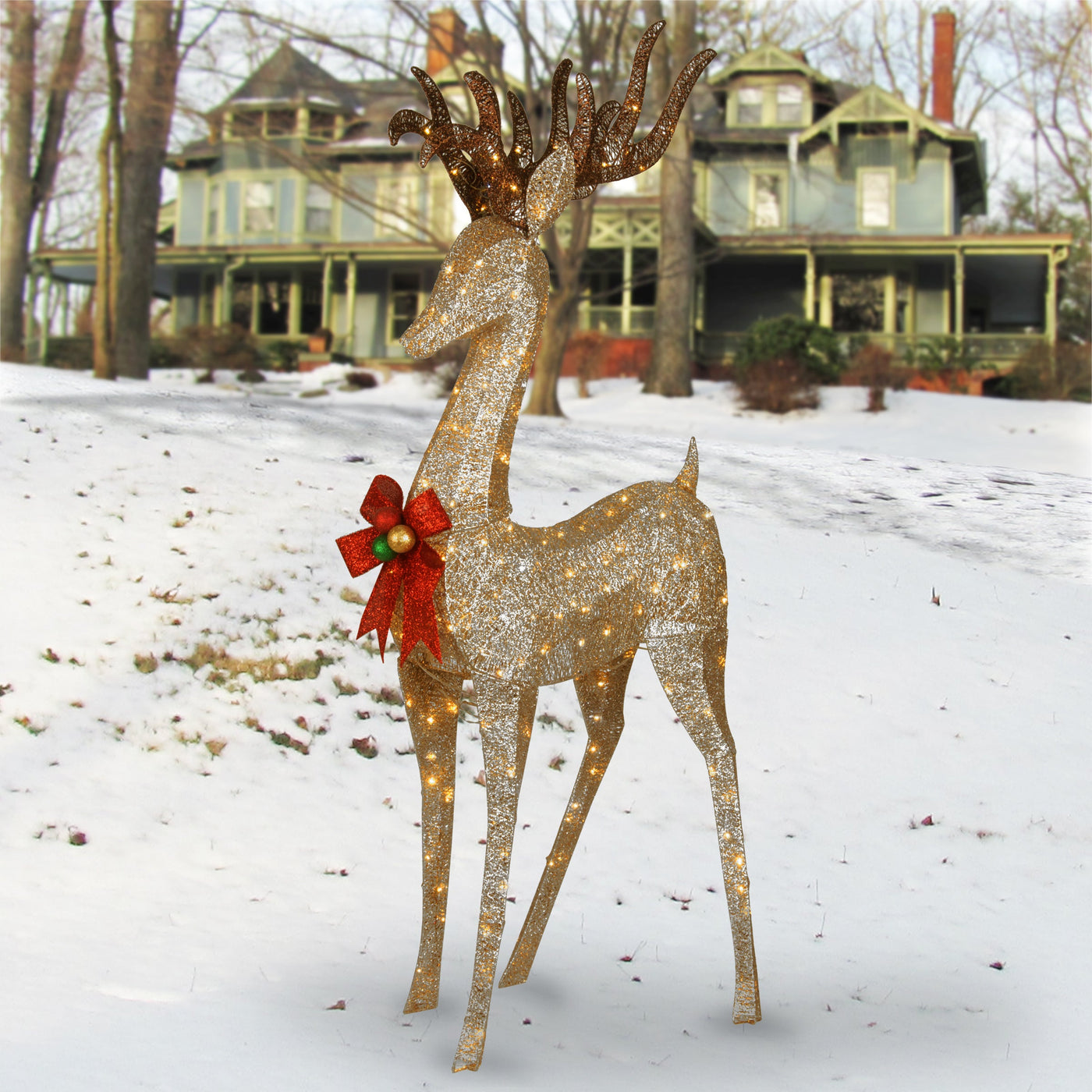 74 in. Pre-lit Crystal Champagne Standing Buck