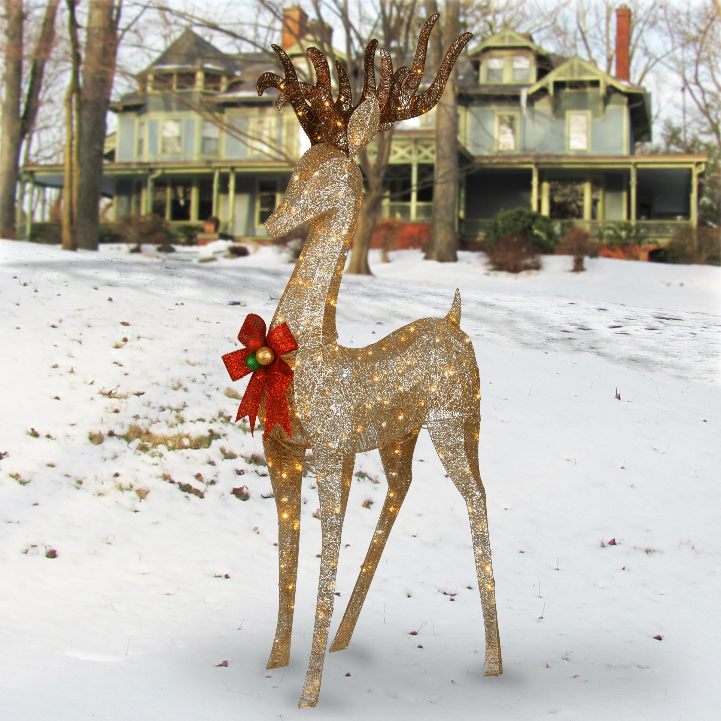 74 in. Pre-lit Crystal Champagne Standing Buck