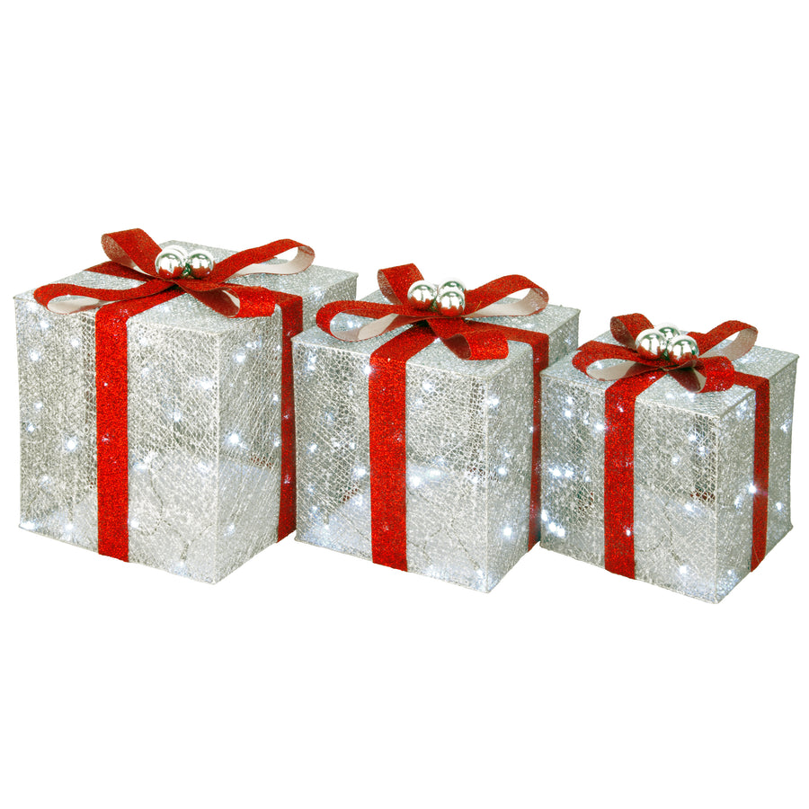 Pre-Lit Silver Gift Boxes, Set of Three, White Lights, Christmas Collection