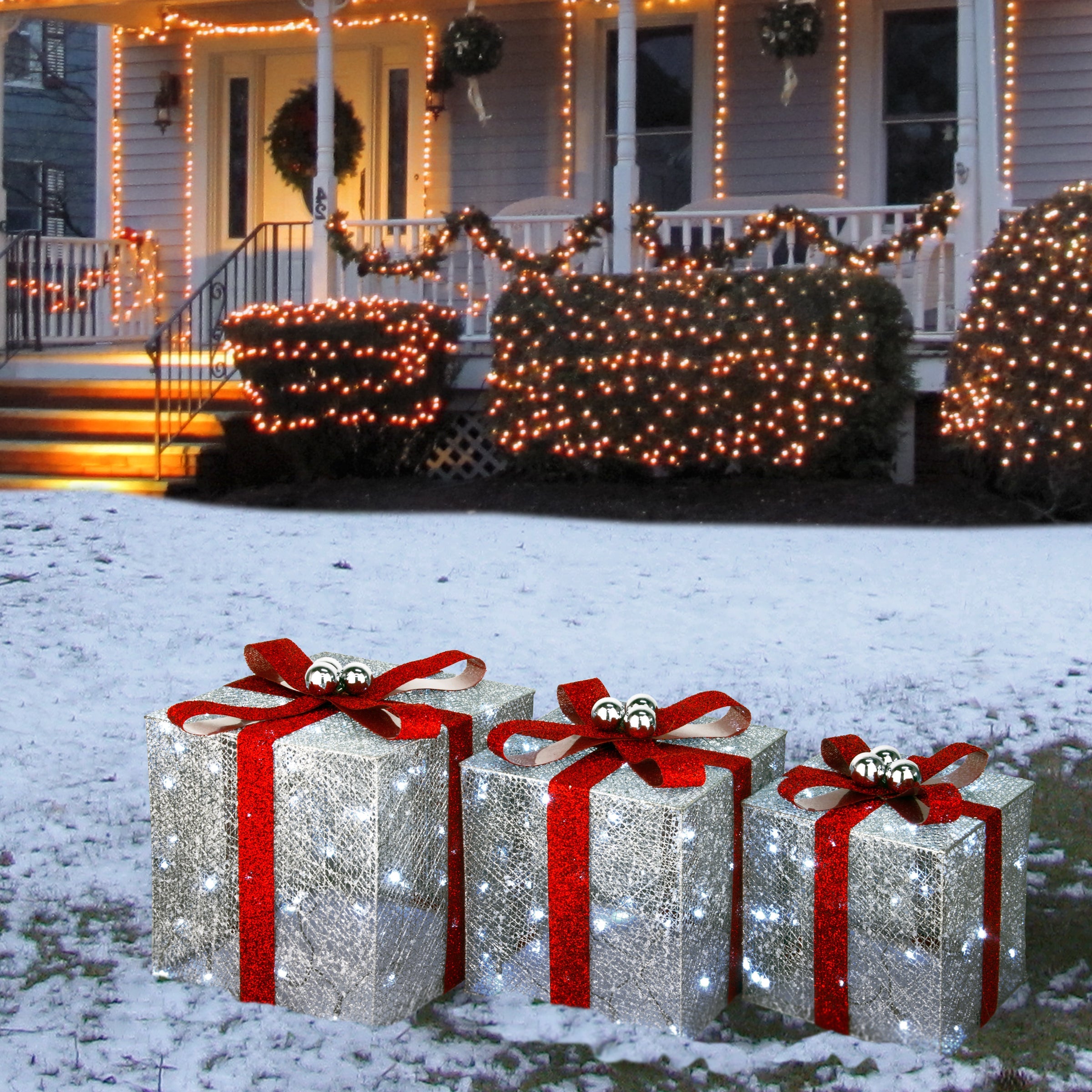 Pre-Lit Silver Gift Boxes, Set of Three, White Lights