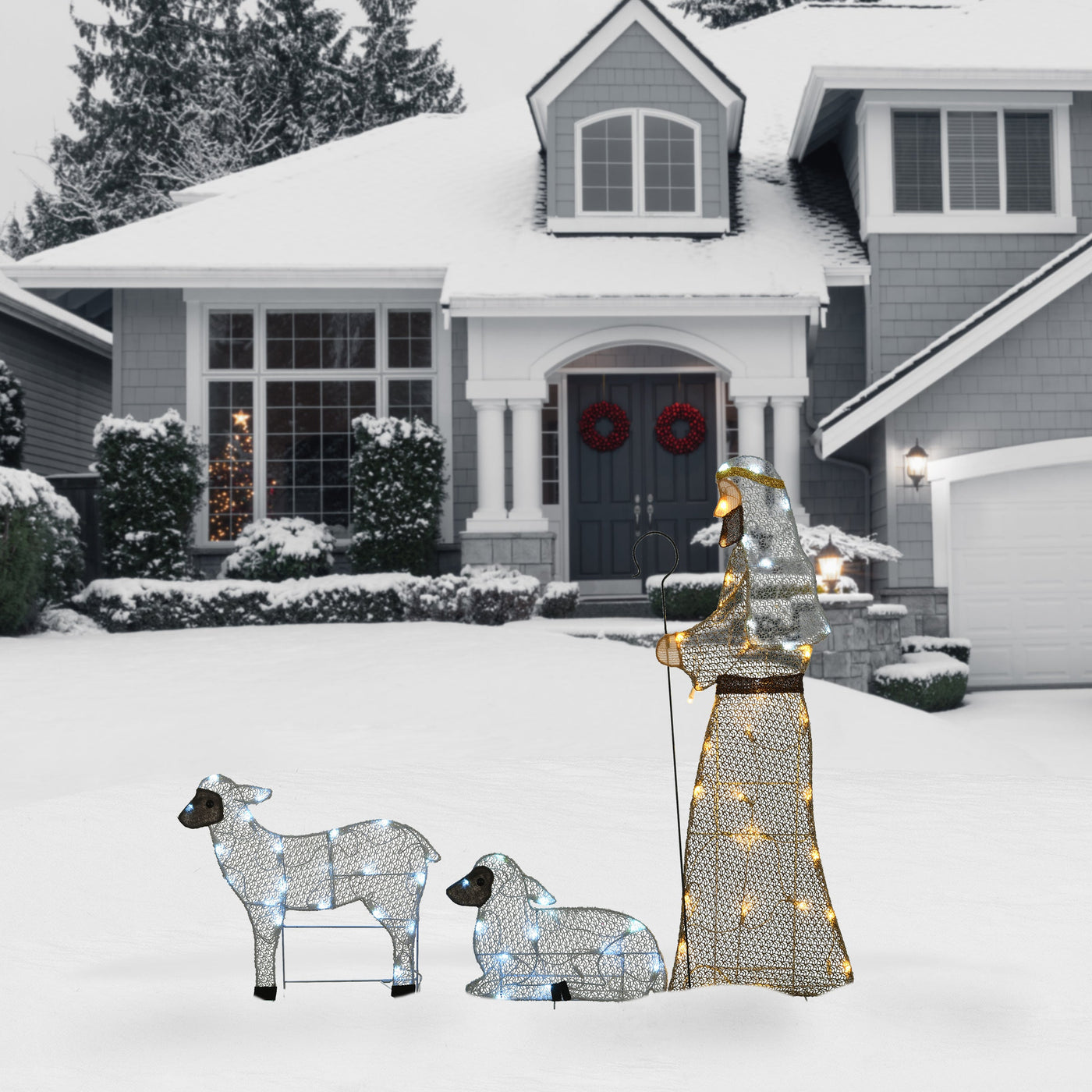 41 in., 18 in. and 12 in. Fabric Glitter Shepherd and Sheep Set with Warm and Cool White Steady LED Lights