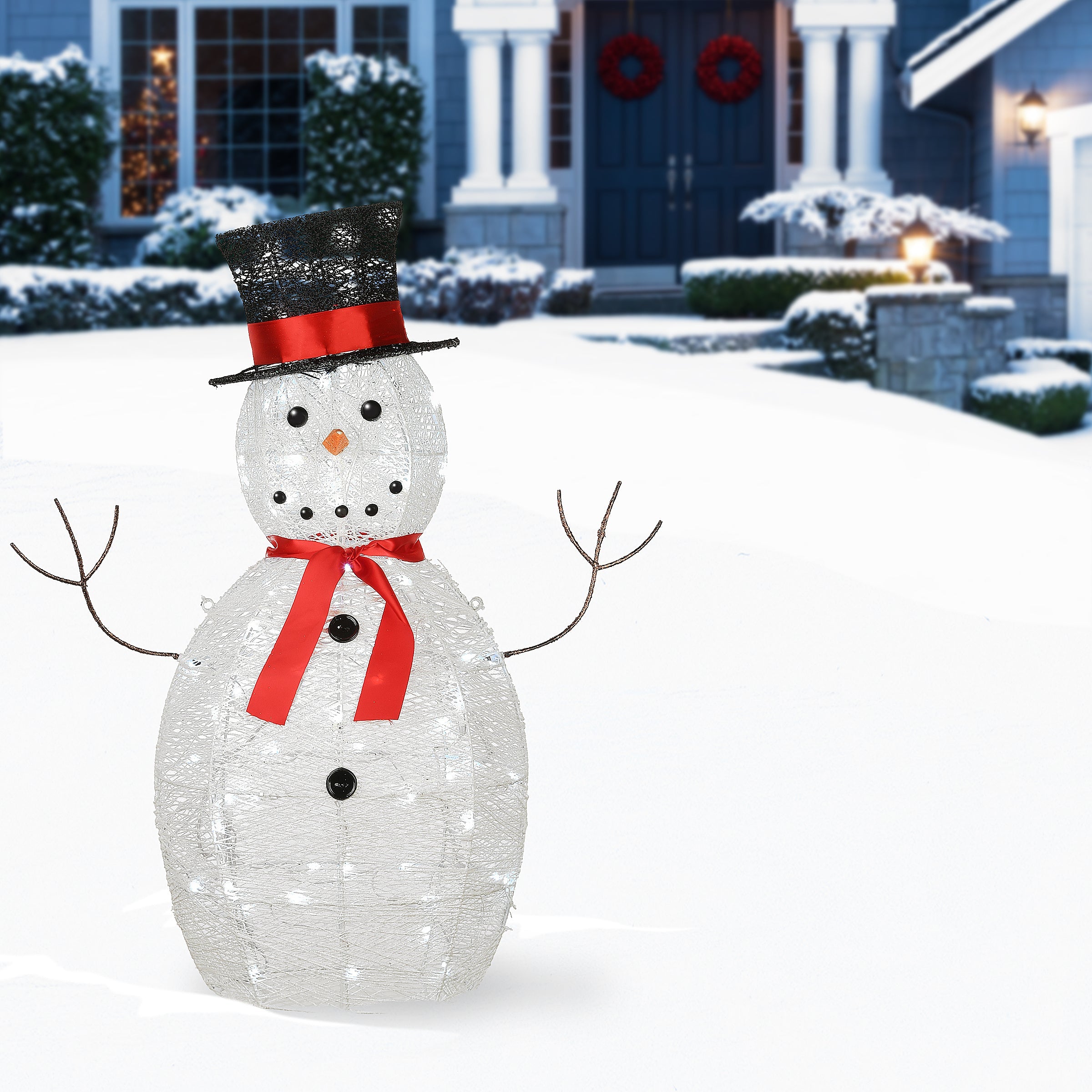36 in. Pre Lit Sisal Snowman Decoration with Cool White LED Lights