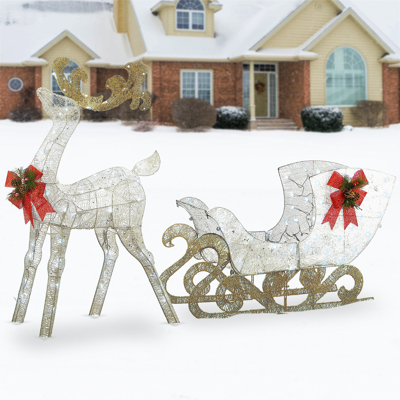 48 in. Pre Lit Sisal Reindeer and Sleigh Decoration with Cool White LED Lights