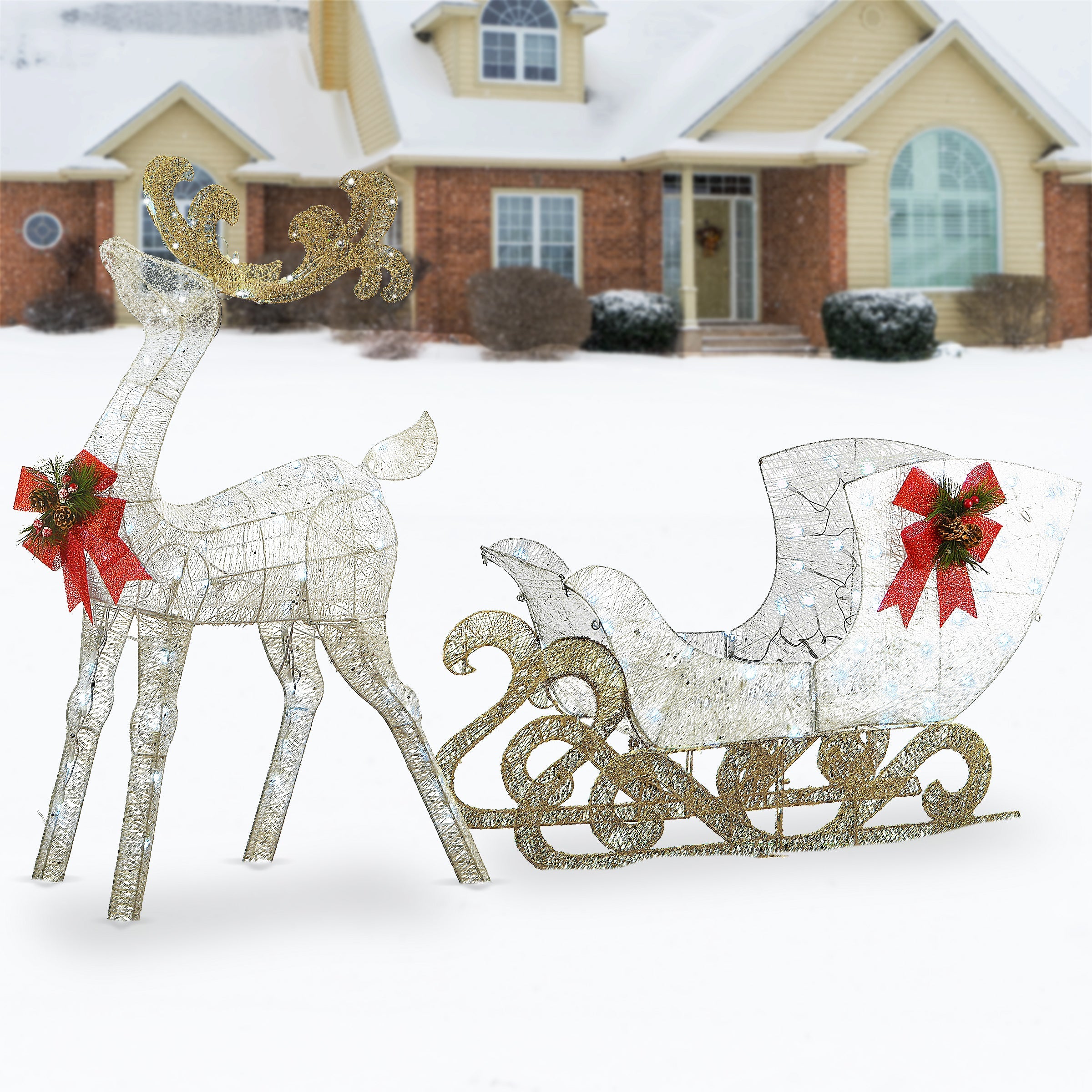 48 in. Pre Lit Sisal Reindeer and Sleigh Decoration with Cool White LED Lights