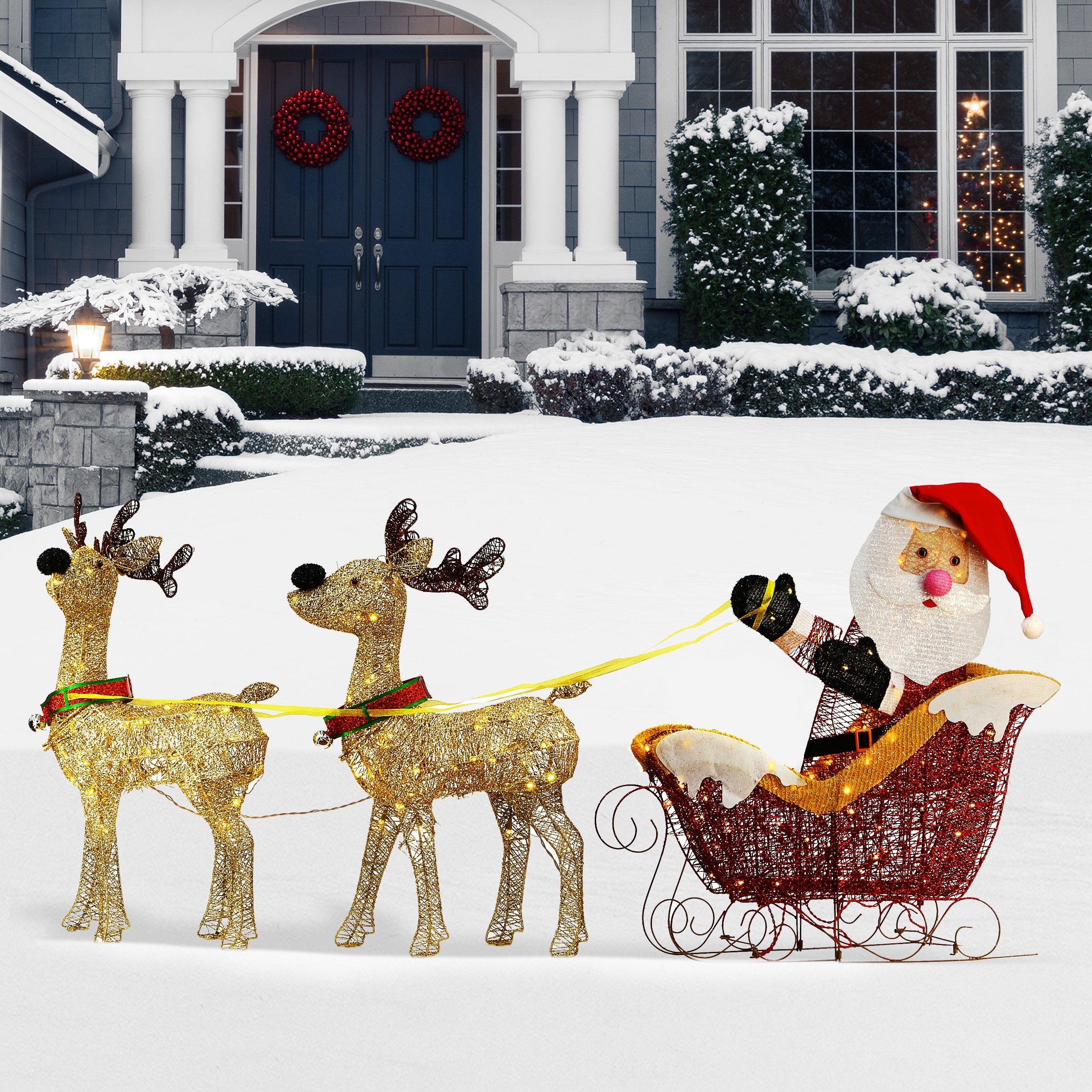 33 in. Pre Lit Santa and Reindeer Decoration, with Warm White LED Lights