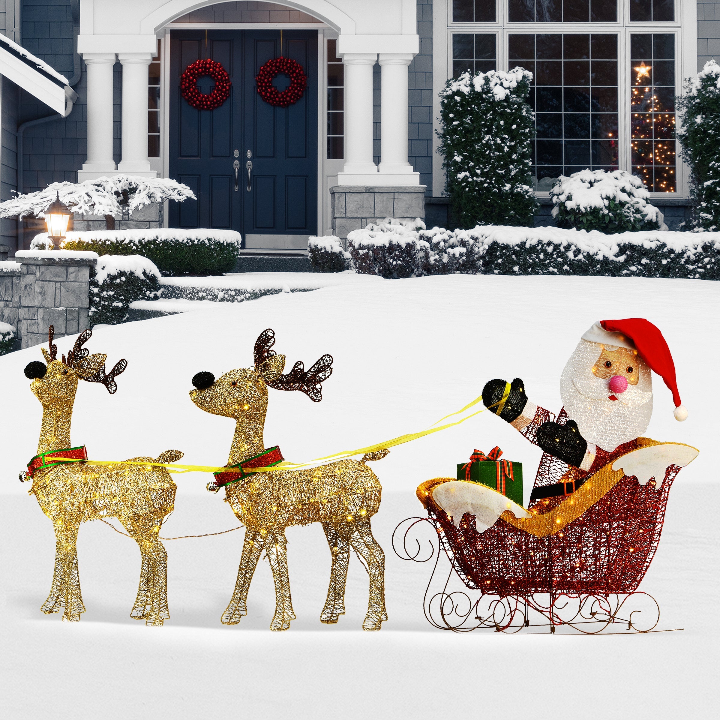 34 in. Santa and Reindeer with Clear Lights