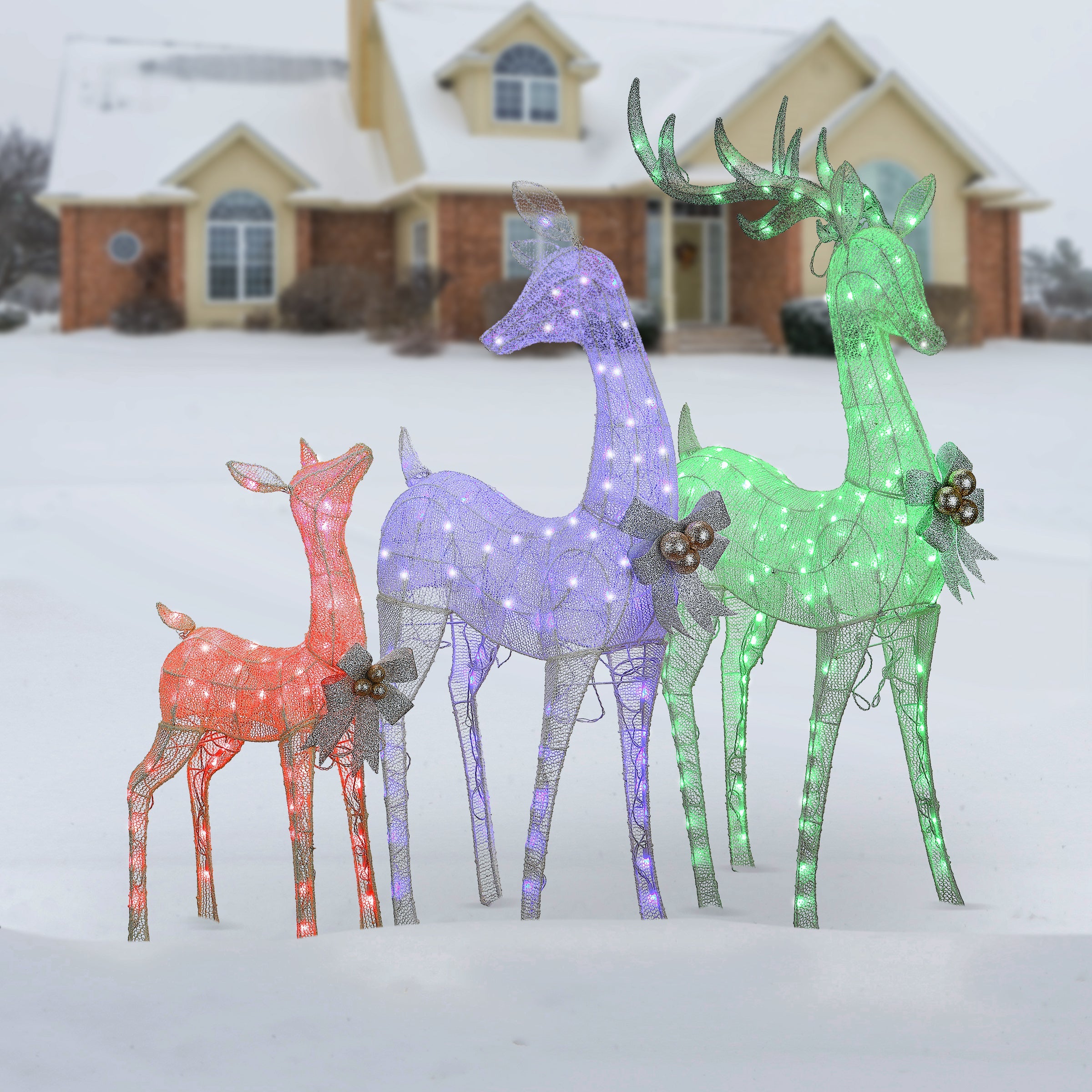 36 in., 52 in. and 60 in. Mesh Glittered Deer Family with LED Lights