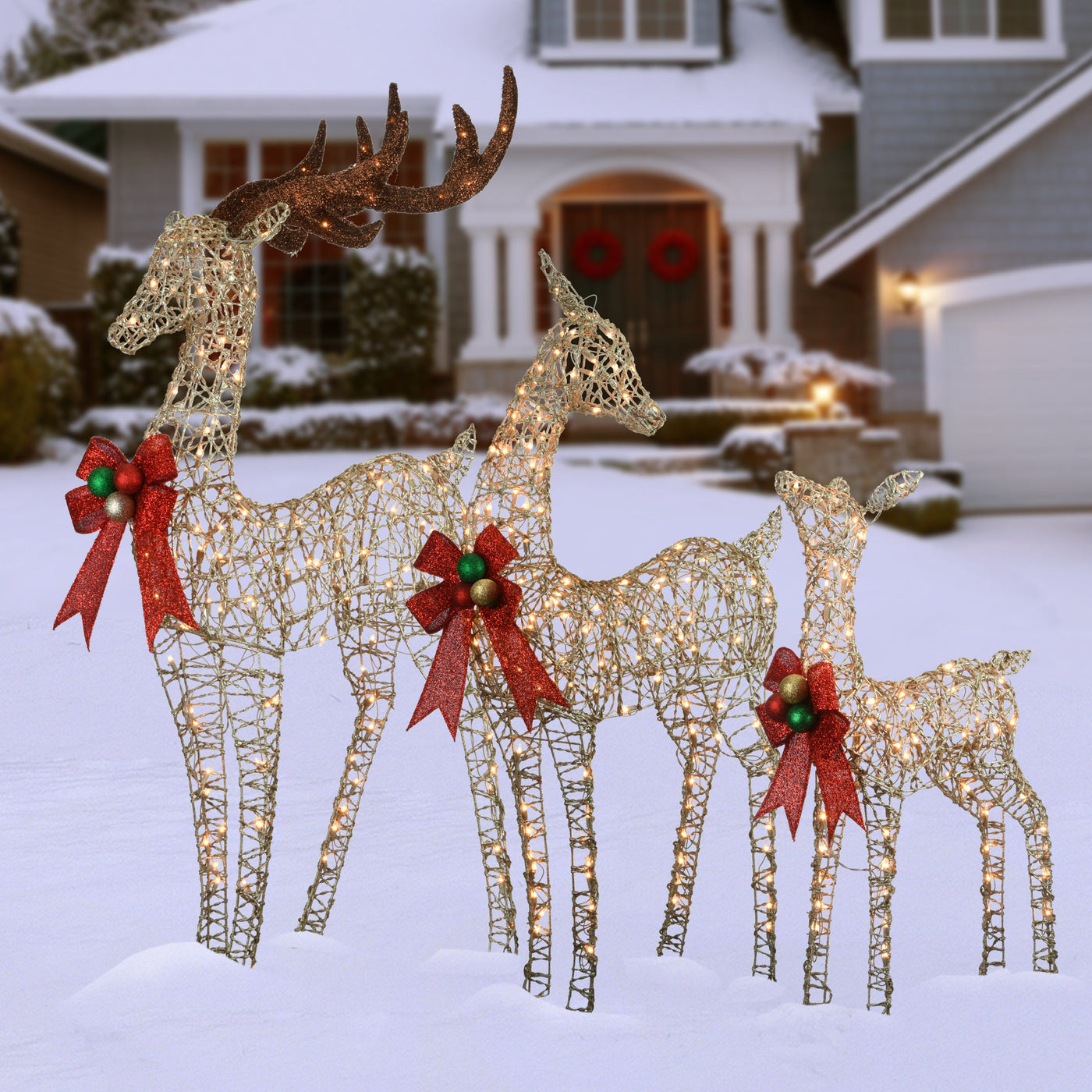 60 in., 52 in. and 36 in. Champagne Glitter Deer Family with 370 Warm White LED Lights