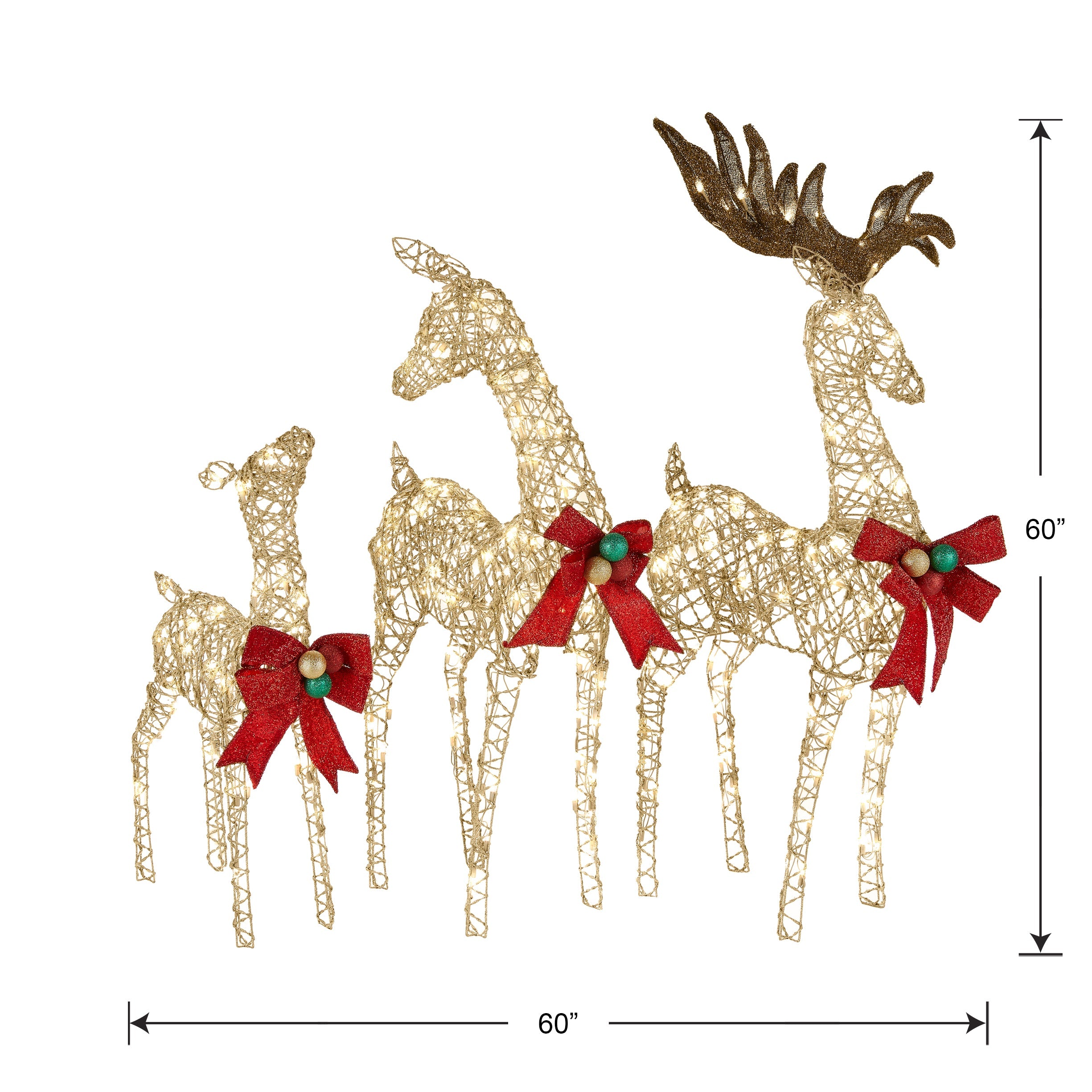 60 in., 52 in. and 36 in. Champagne Glitter Deer Family with 370 Warm White LED Lights