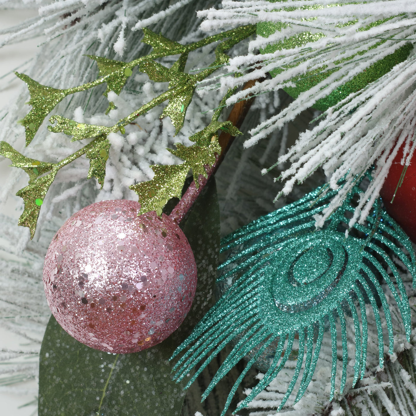 33 in. Snowy Pine Decorated Teardrop with Snow Covered Branches and Ball Christmas Ornaments