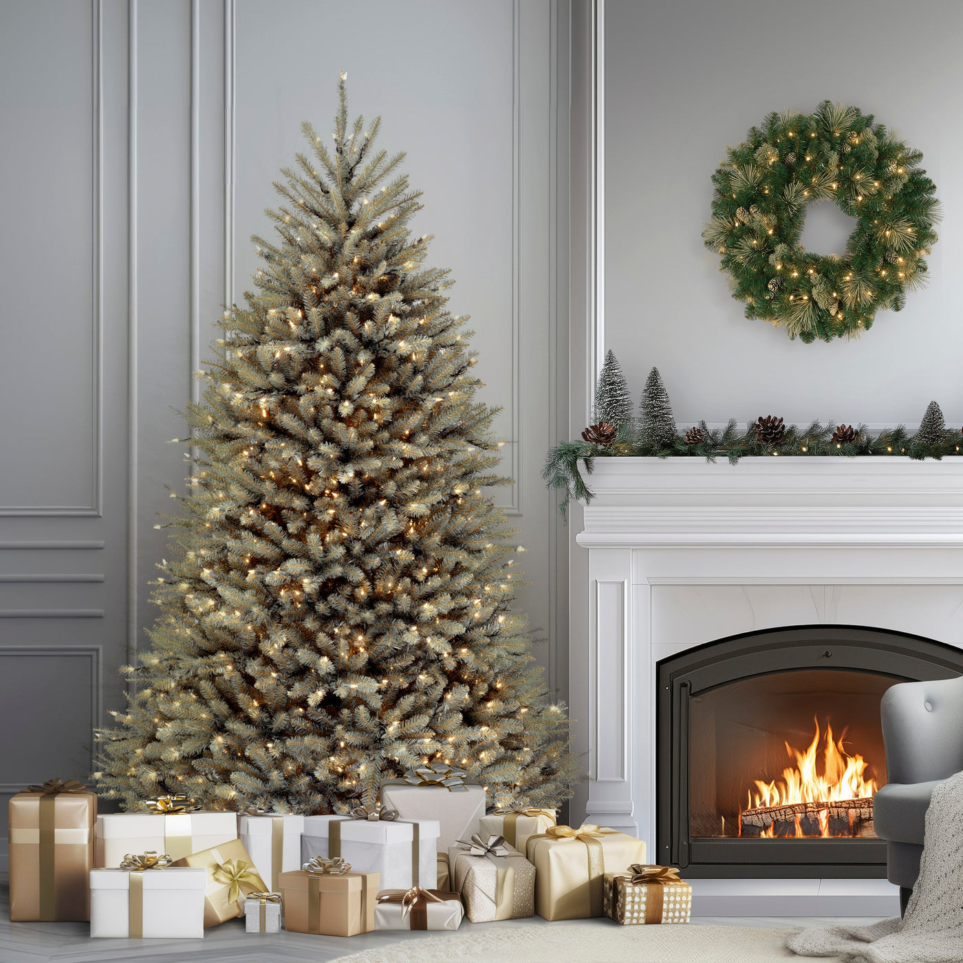 7.5 ft. Pre-Lit Dunhill Fir Snowy Blue Tree with Clear Lights