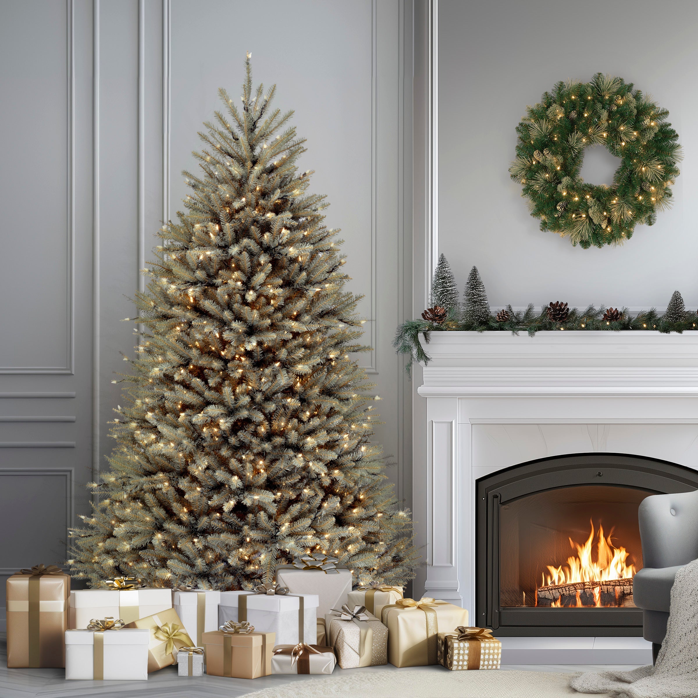 7.5 ft. Pre-Lit Dunhill Fir Snowy Blue Tree with Clear Lights