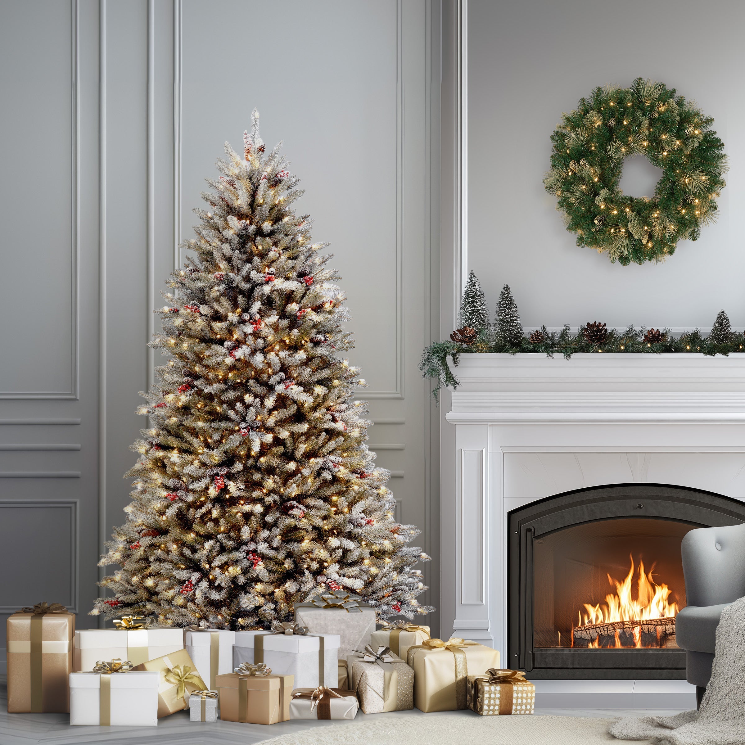 6.5 ft. Pre-Lit Dunhill Fir Snowy Tree with Clear Lights