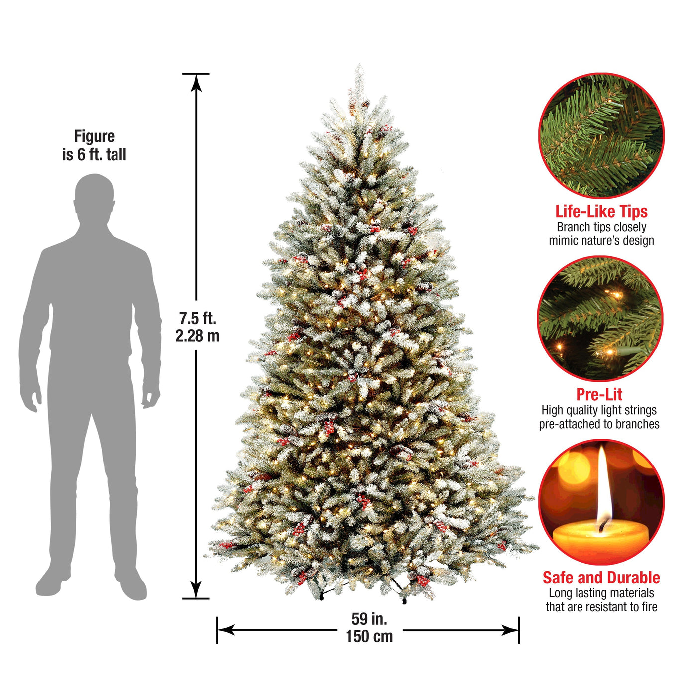 7.5 ft. Pre-Lit Dunhill Fir Flocked Tree with 750 Clear Lights