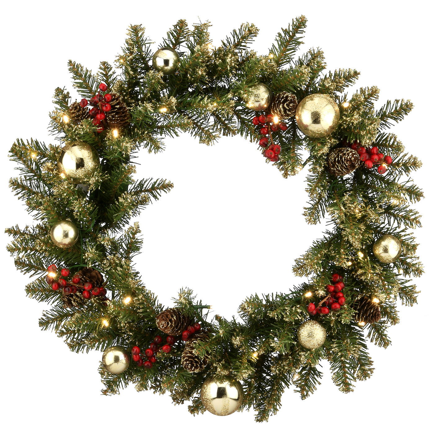24 in. Pre-Lit Glittery Gold Dunhill Fir Wreath with LED Lights