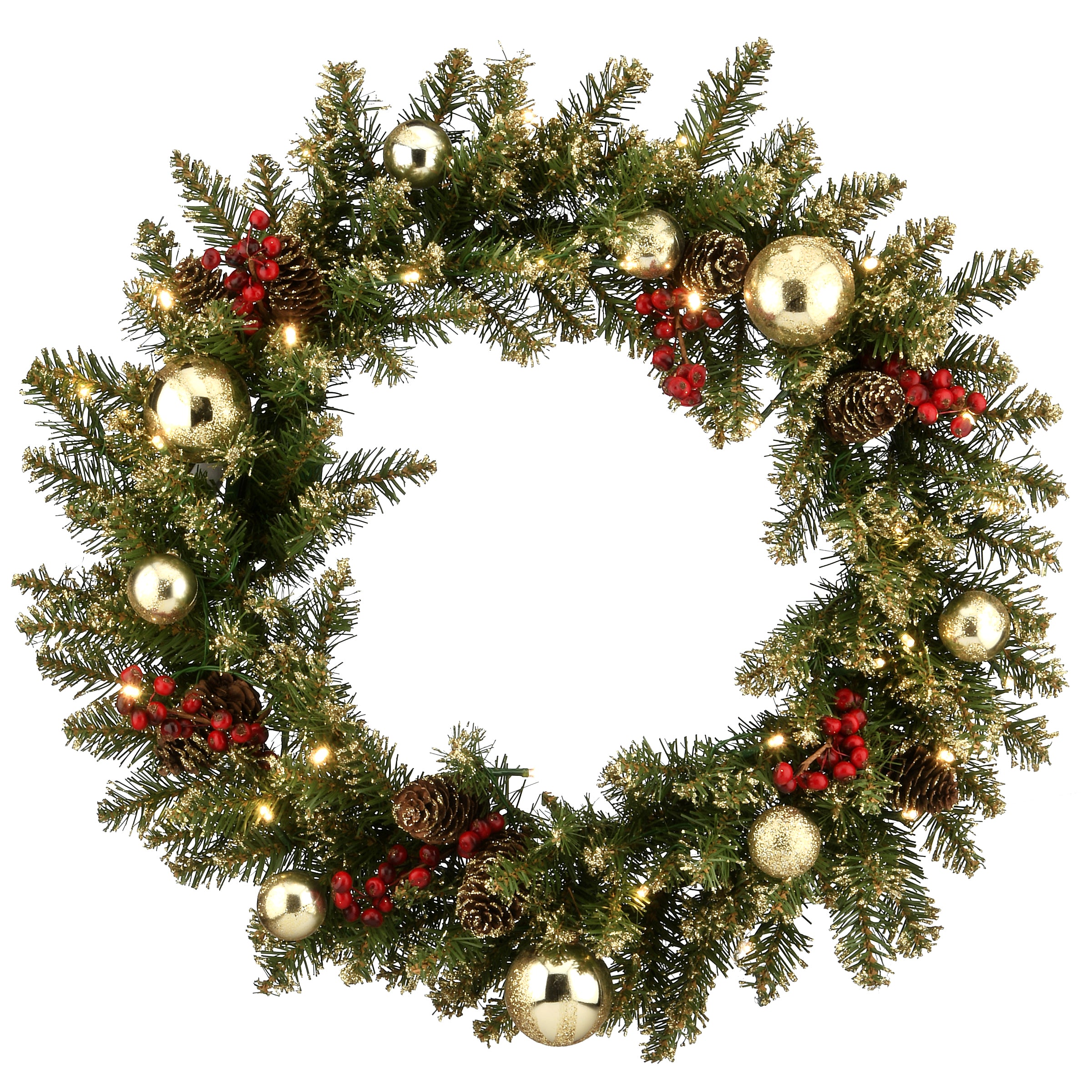24 in. Pre-Lit Glittery Gold Dunhill Fir Wreath with LED Lights