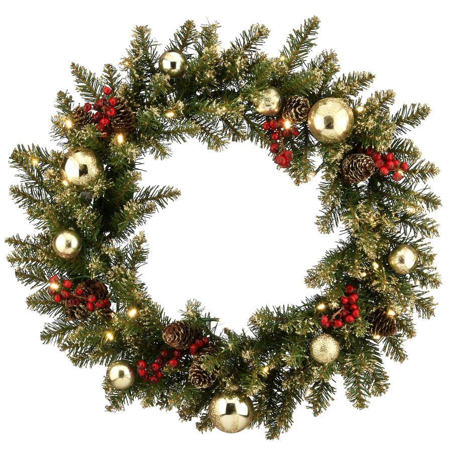 24 in. Pre-Lit Glittery Gold Dunhill Fir Wreath with LED Lights