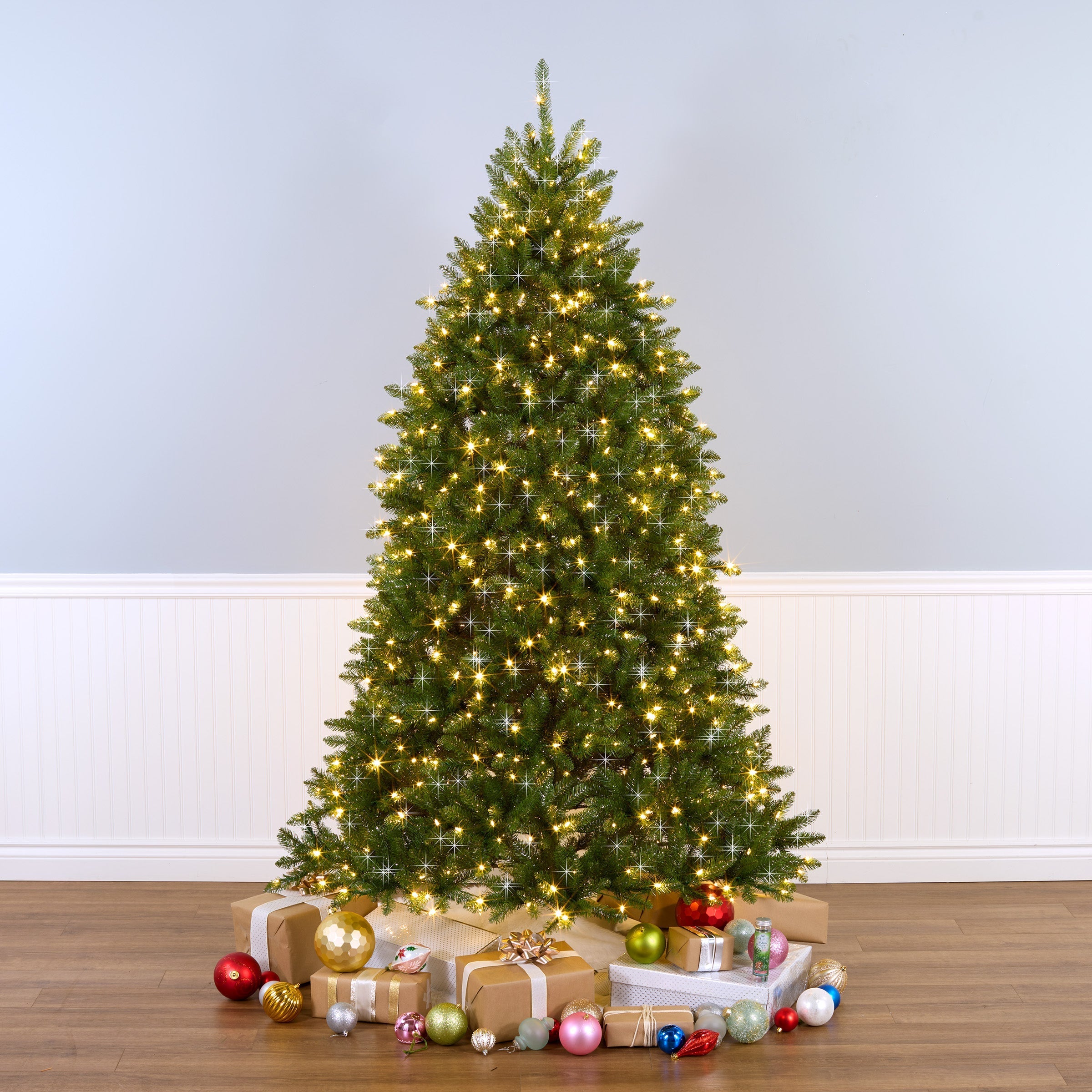 7.5 ft. Pre-Lit Dunhill Fir Shimmer Tree Silver Tinsel with Dual Color LED Lights