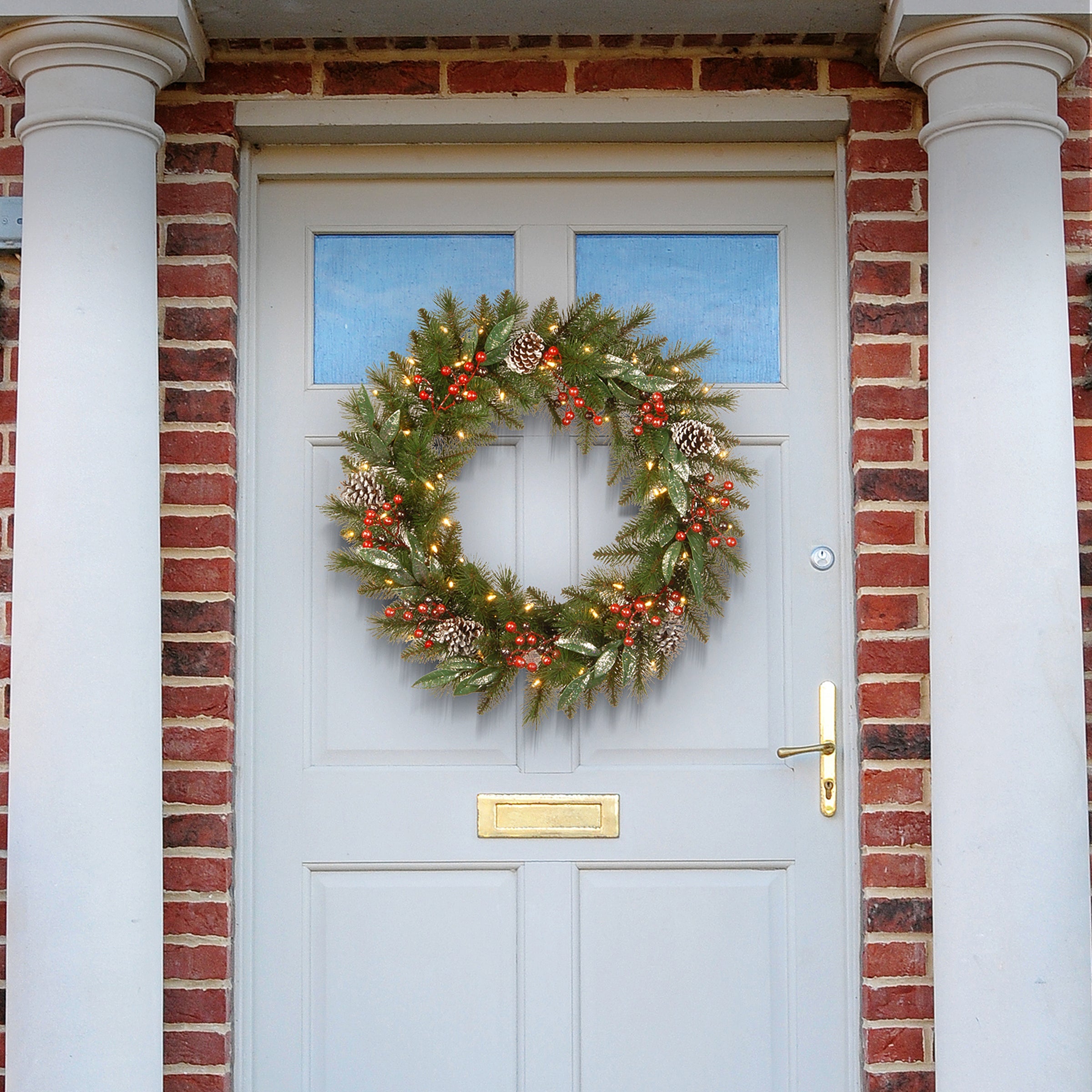 24 in. Pre-Lit Frosted Pine Berry Wreath with LED Lights