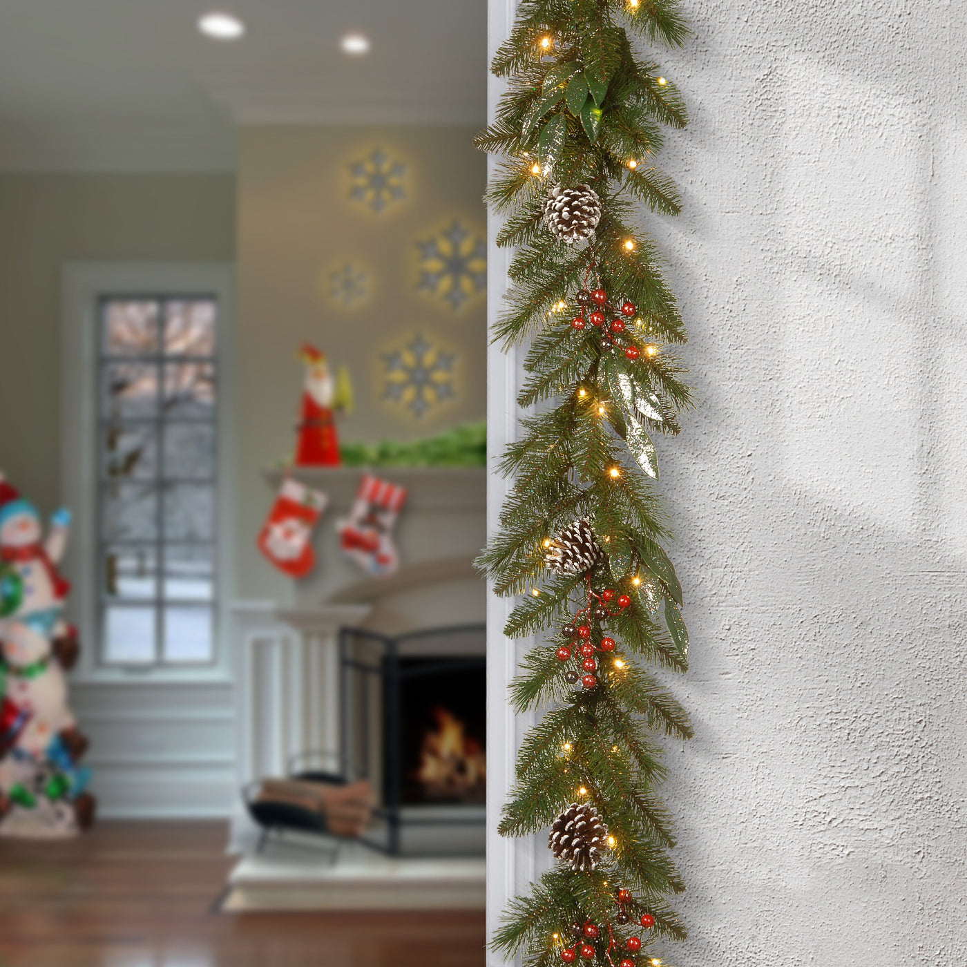9 ft. Pre-Lit Frosted Pine Berry Garland with Clear Lights