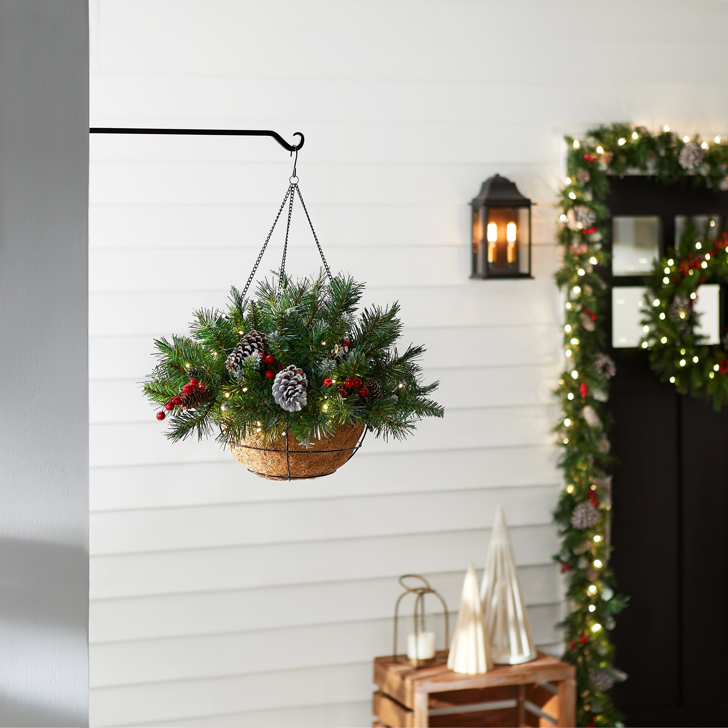20 in. Pre-Lit  Frosted Berry Hanging Basket with LED Lights