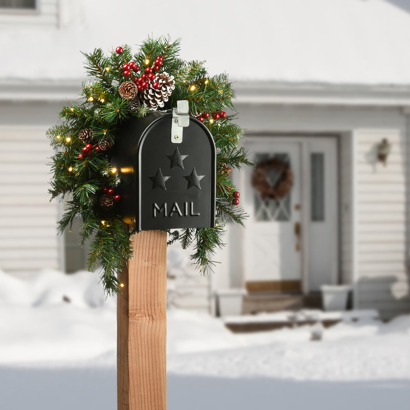 36 in. Pre-Lit Frosted Berry Mailbox Swag with LED Lights