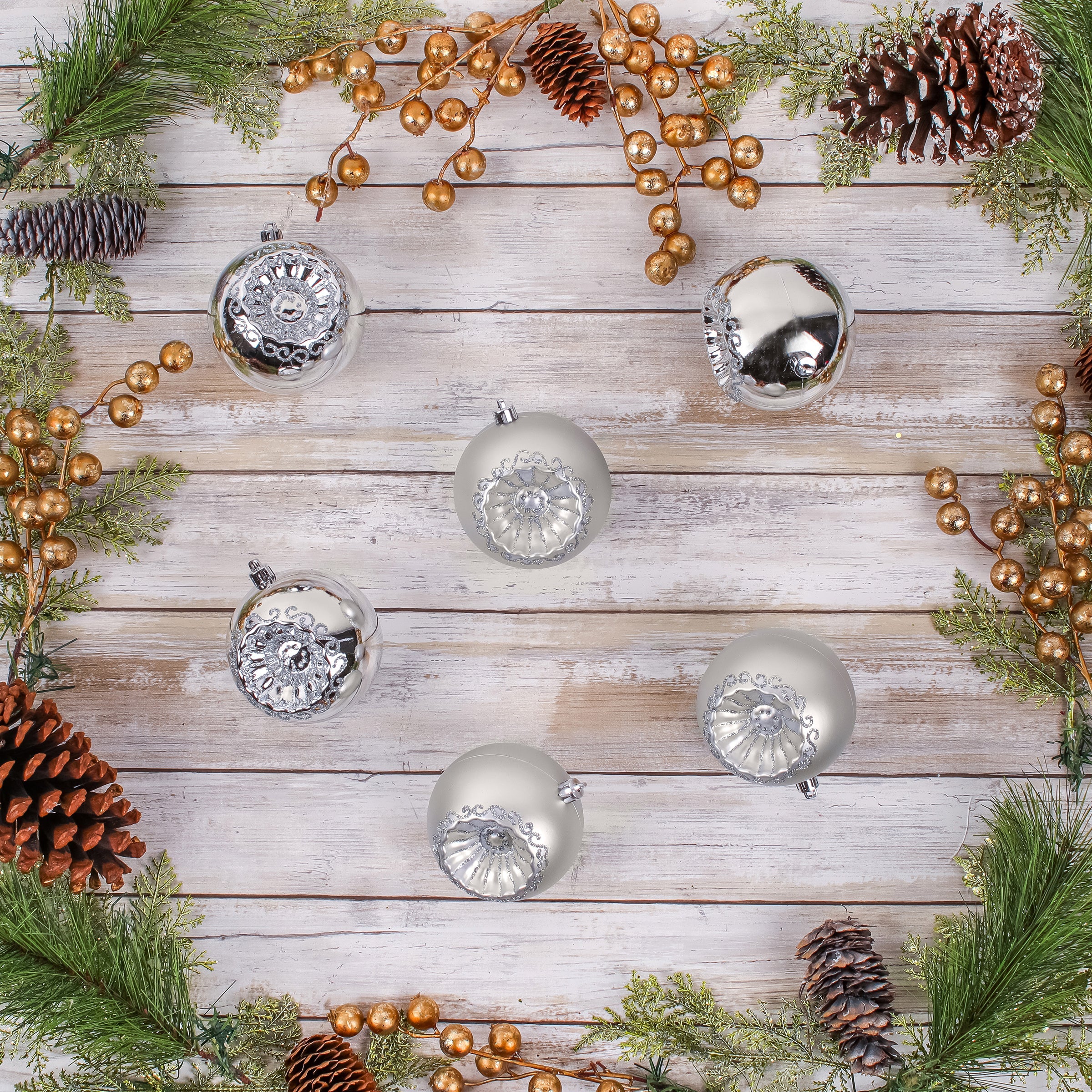 6-Piece Shatterproof Glittering Silver Ornaments