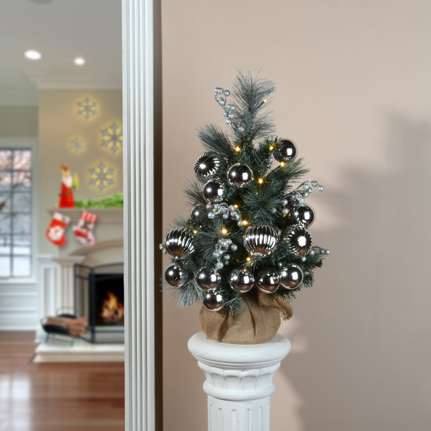 2 ft. Pre-Lit Frosted Silver Pine Tree with LED Lights