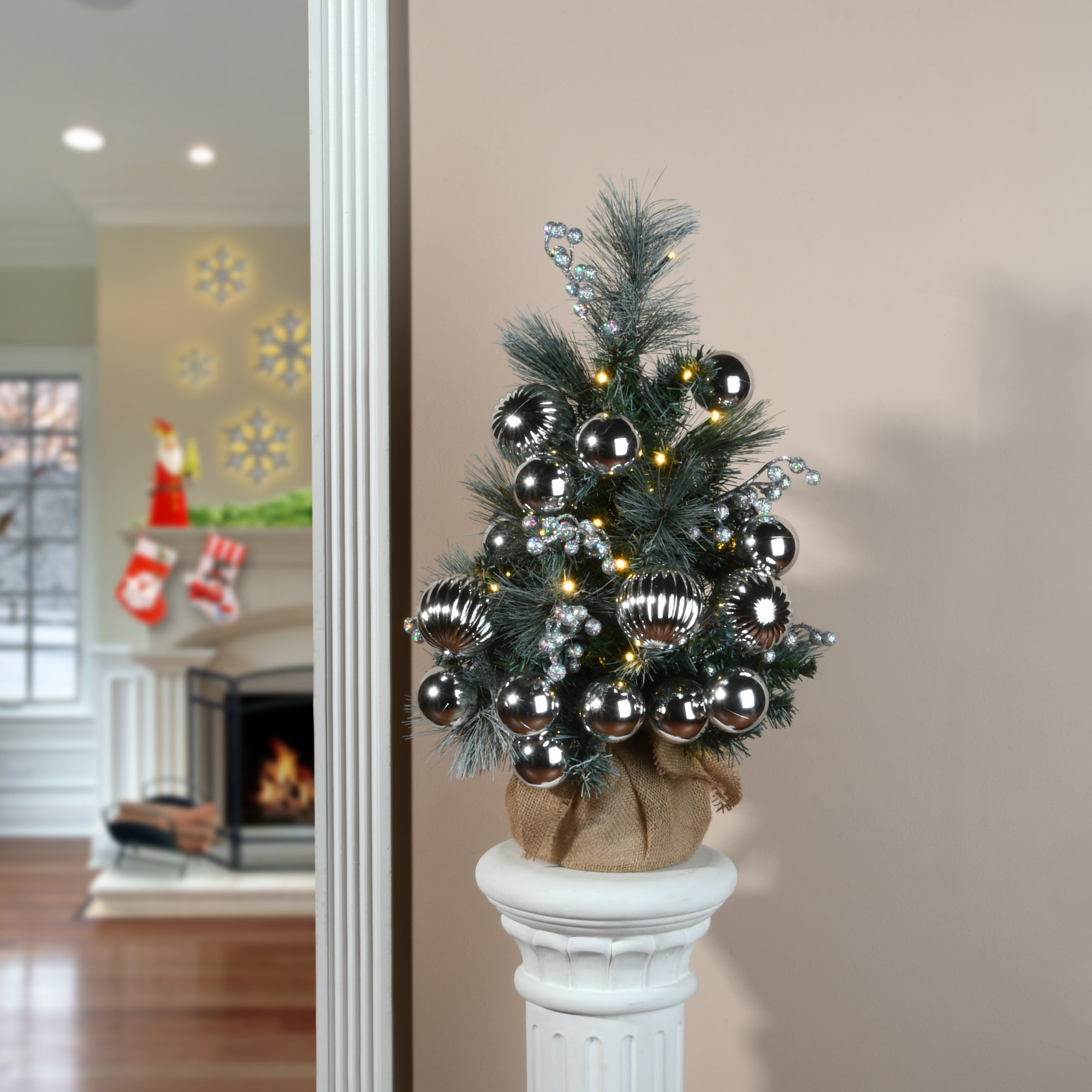 2 ft. Pre-Lit Frosted Silver Pine Tree with LED Lights