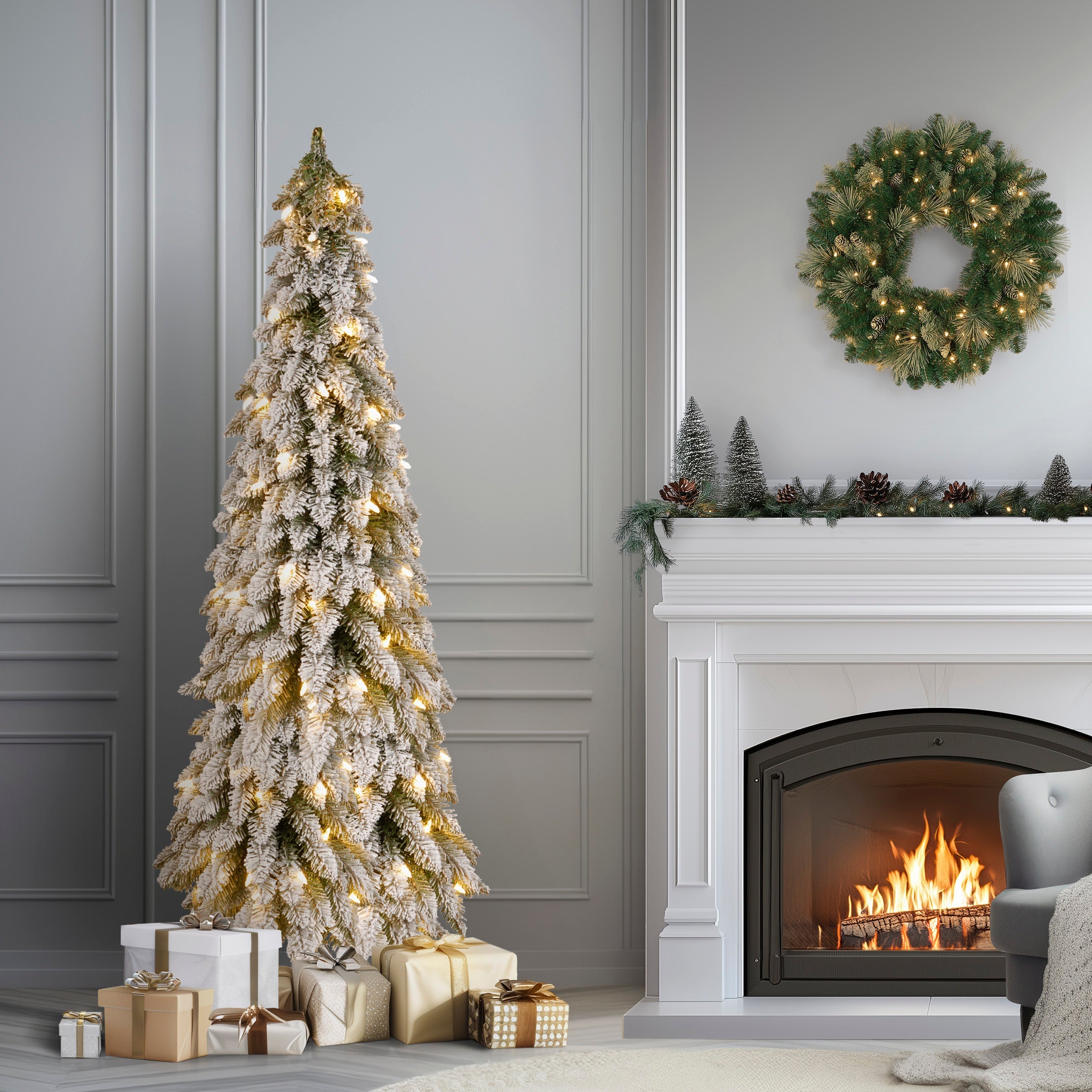 5 ft. Pre-Lit Snowy Downswept Forest Slim Tree with Clear Lights