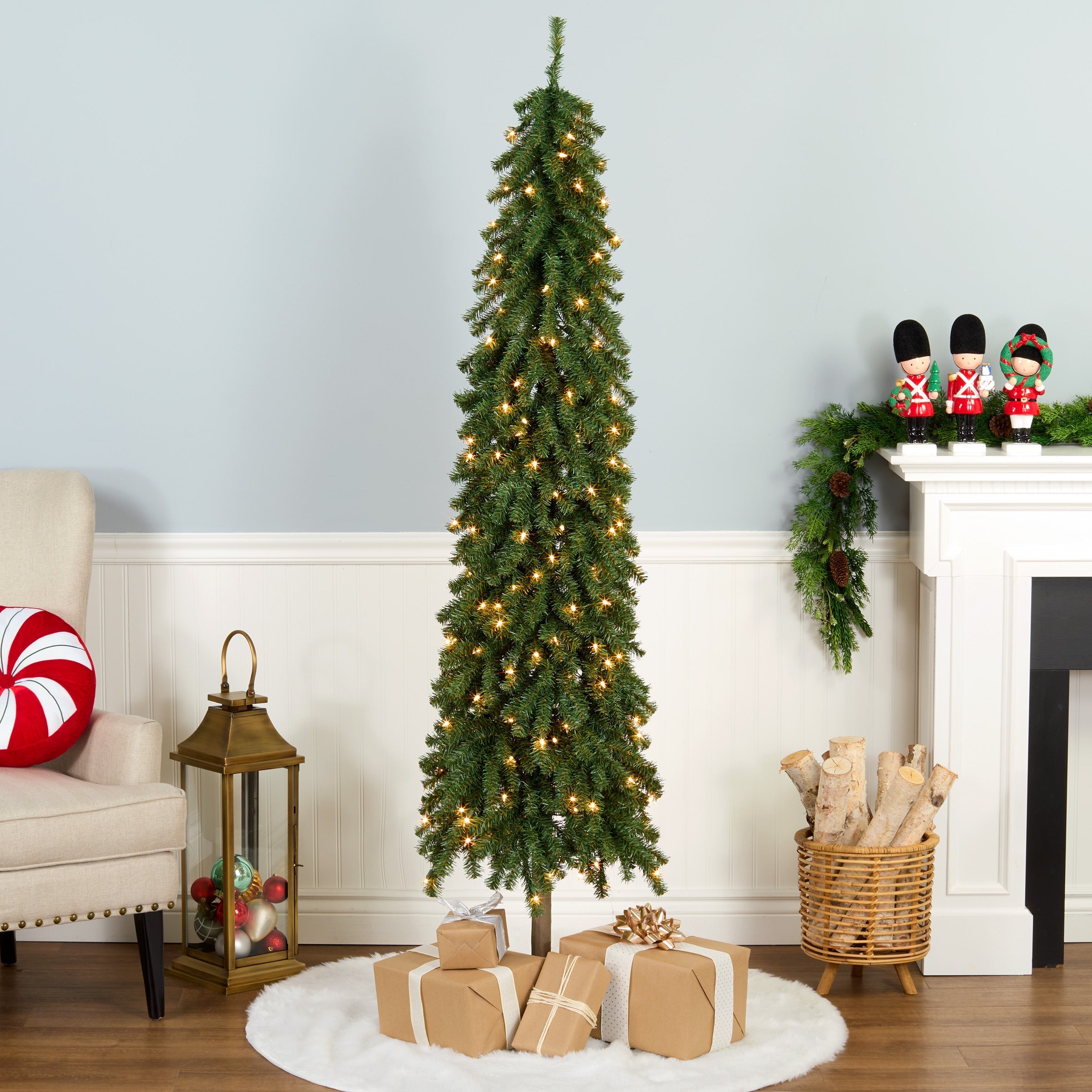 6.5 ft. Pre-Lit Snowy Grand Alpine Pencil Slim Tree with Clear Lights
