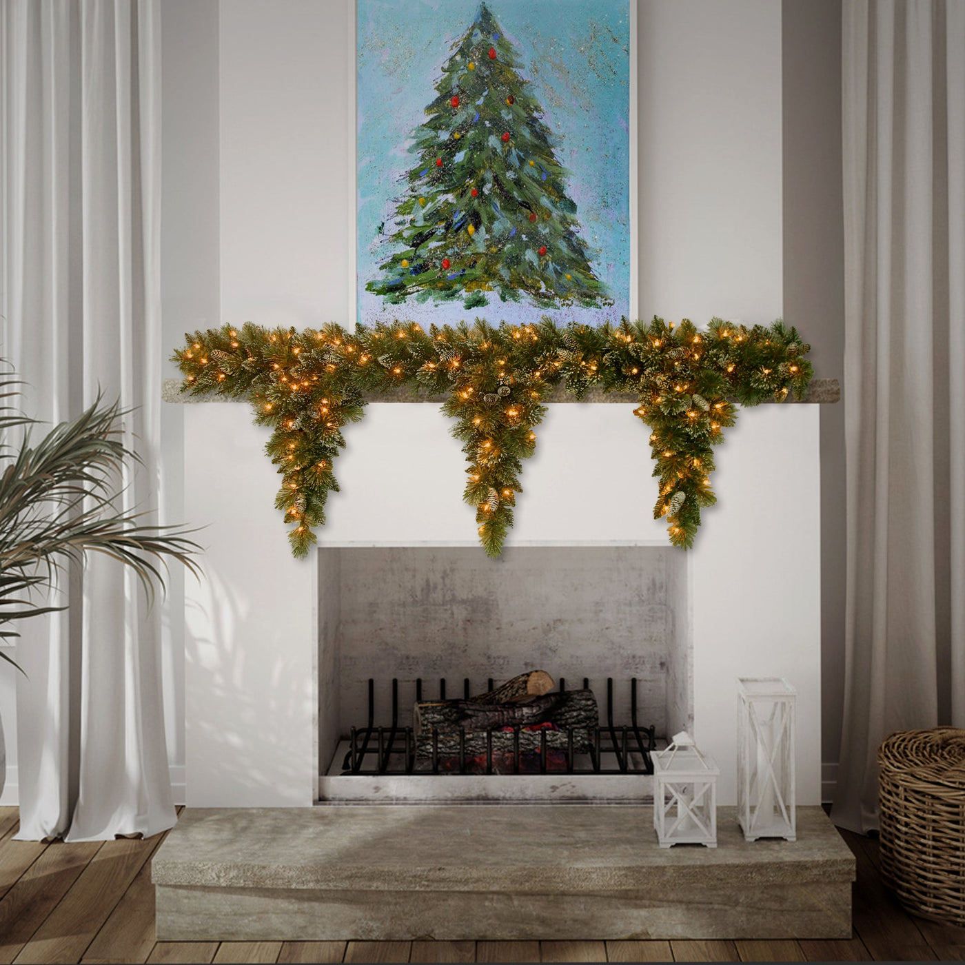 6 ft. Pre-Lit Glittery Bristle Teardrop Garland with Clear Lights