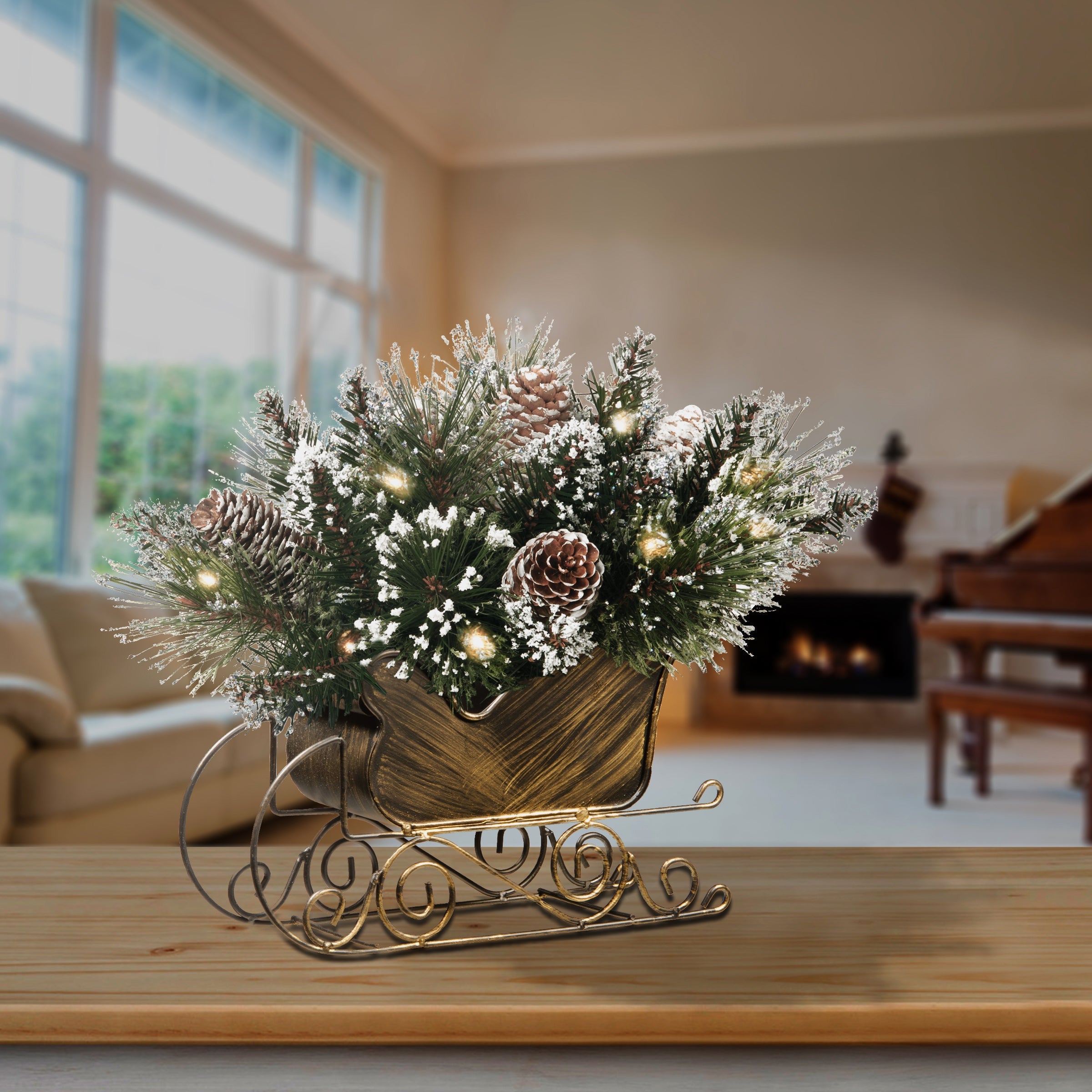 10 in. Glittery Bristle Pine Sleigh with LED Lights