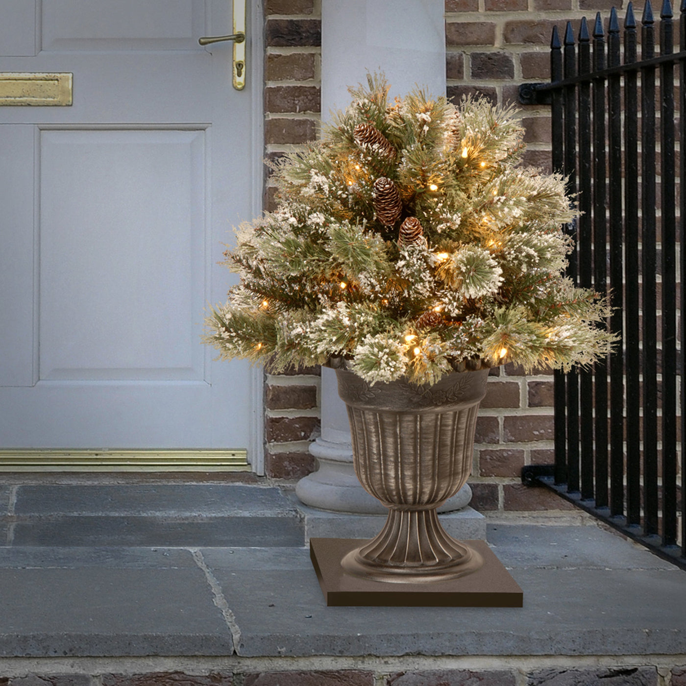 18 in. Pre-Lit Glittery Bristle Pine Porch Bush with LED Lights