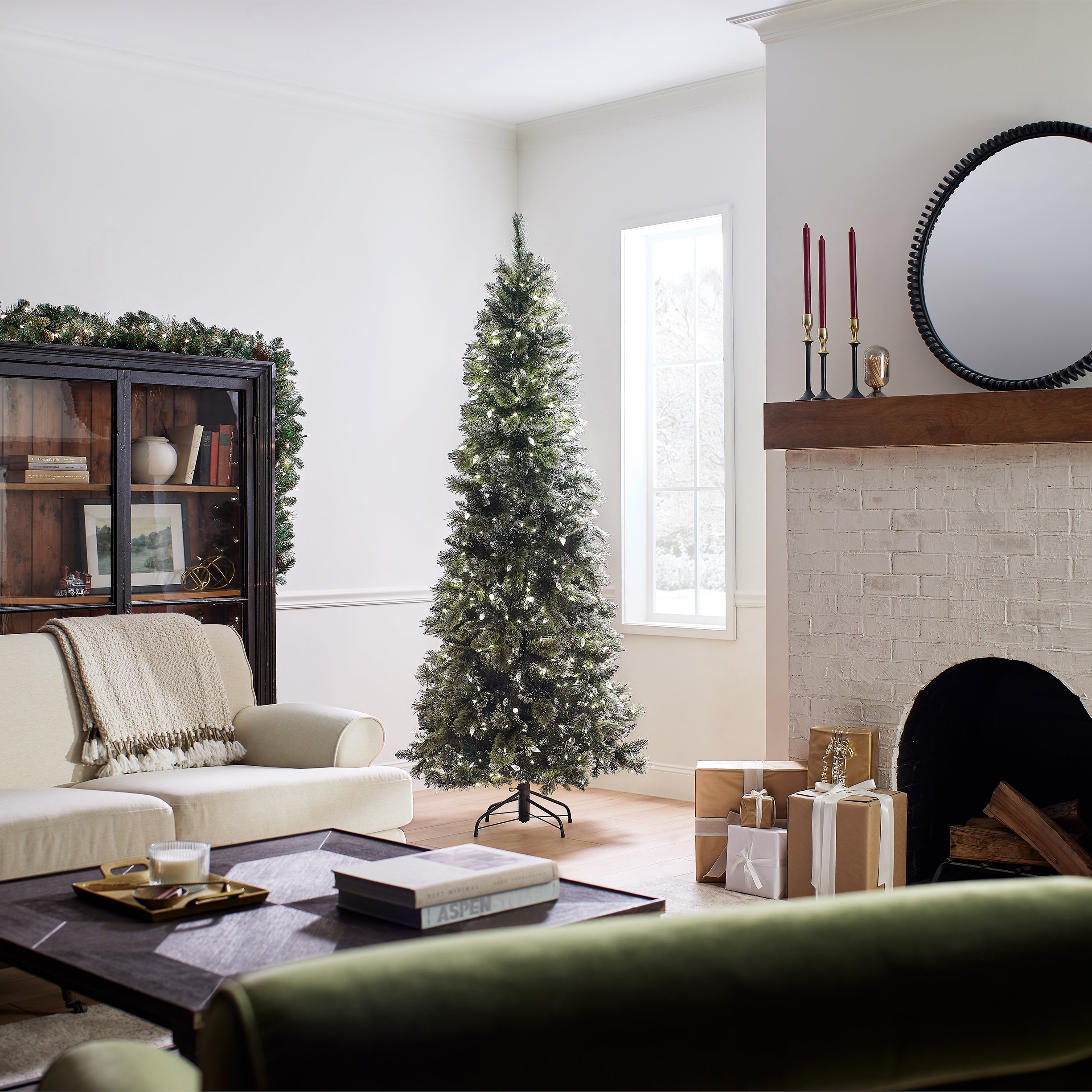 7.5 ft. Pre-Lit Glittery Bristle Slim Tree with LED Lights