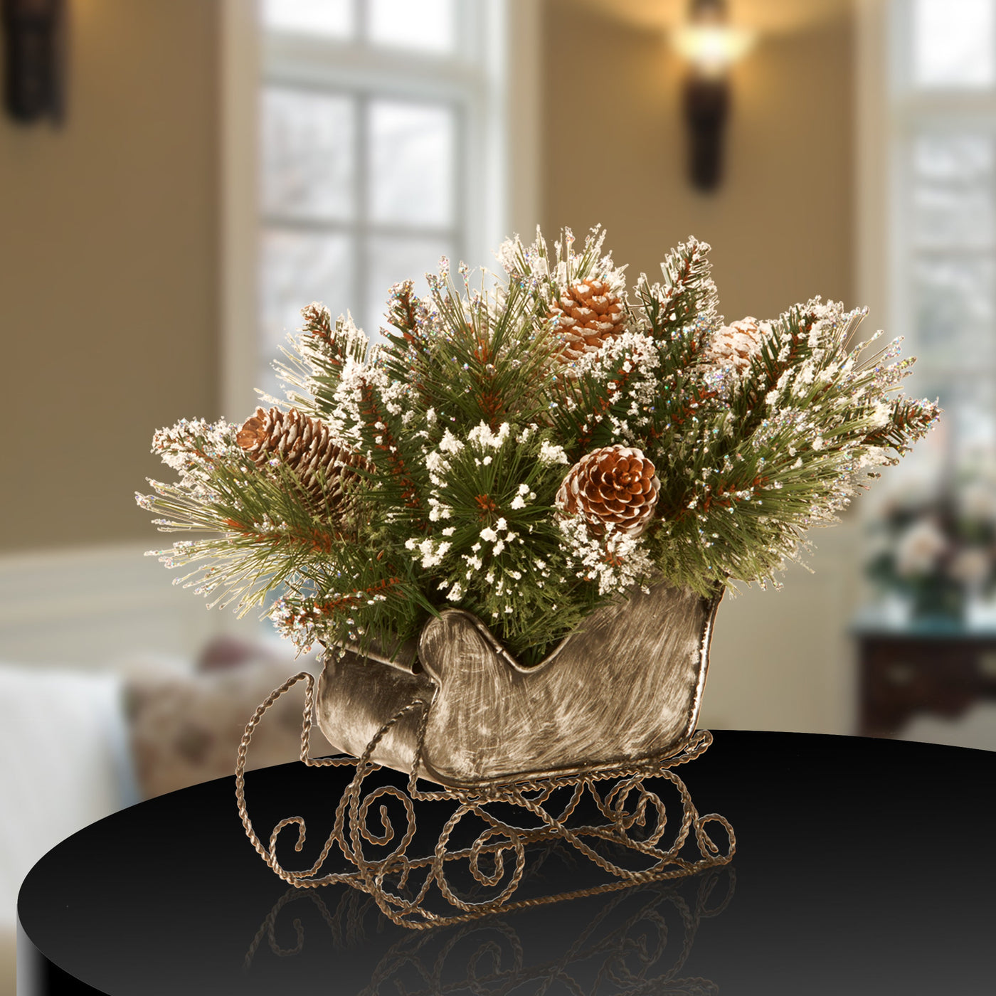 10 in. Glittery Bristle Pine Sleigh