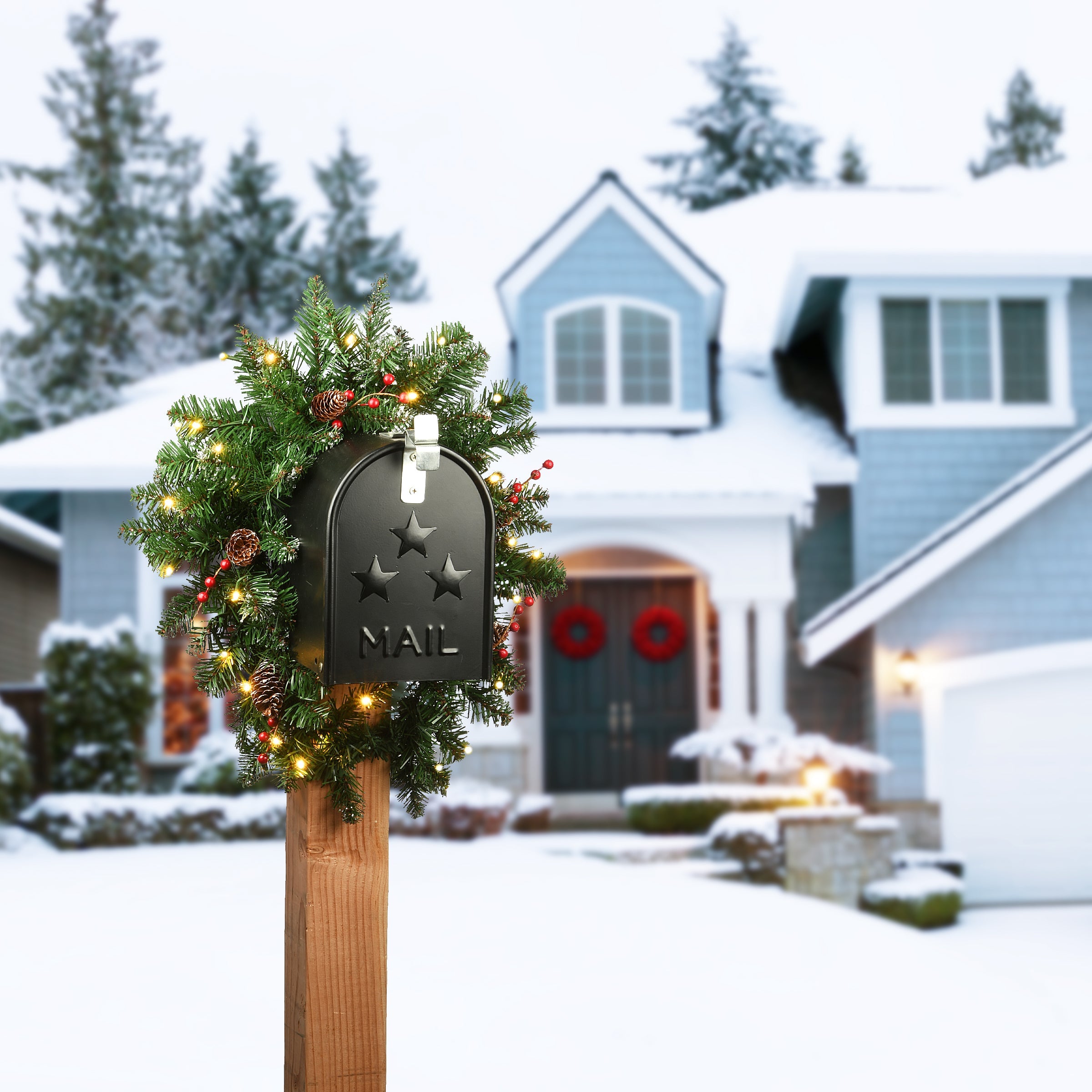 36 in. Pre-Lit Glittery Mountain Spruce Mailbox Swag with LED Lights