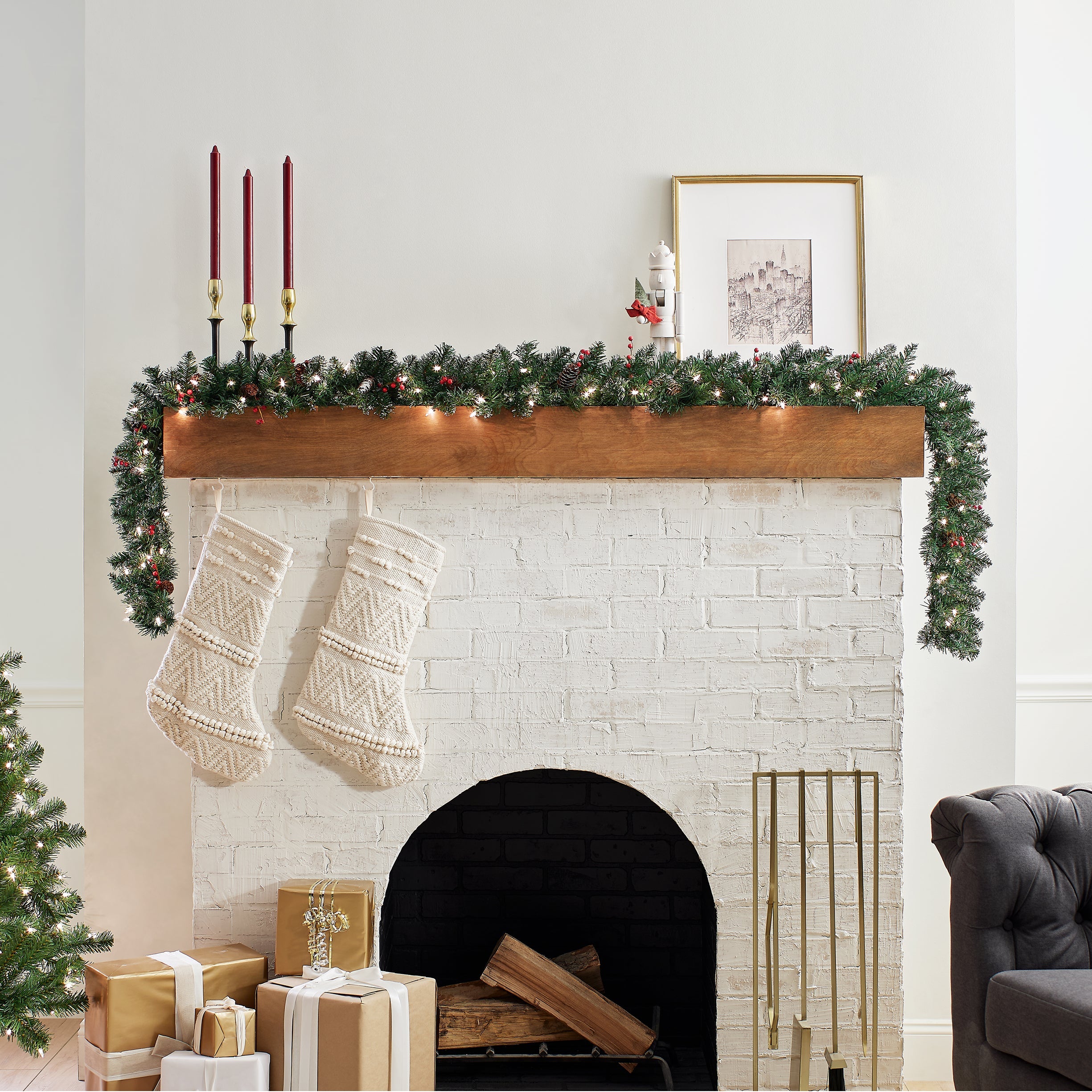 9 ft. Pre-Lit Glittery Mountain Spruce Garland with Clear Lights