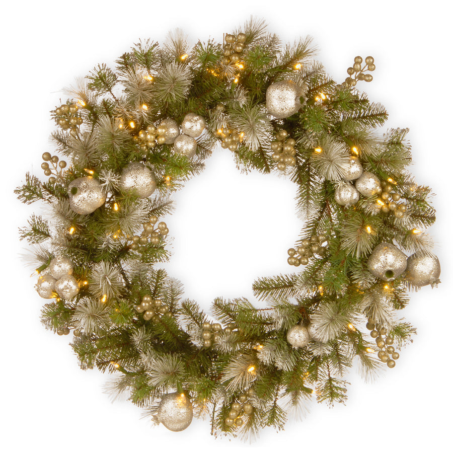 30 in. Pre-Lit Glittery Pomegranate Pine Wreath with LED Lights