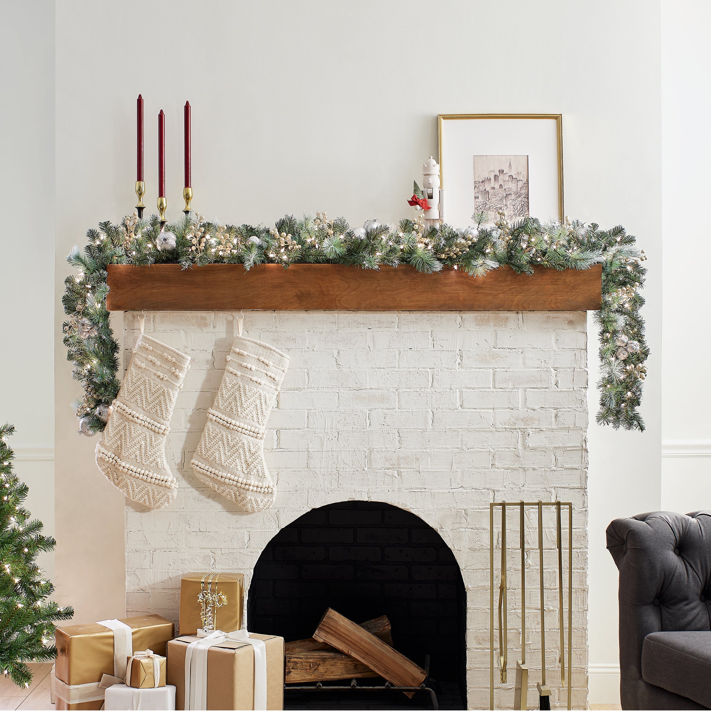 9 ft. Pre-Lit Glittery Pine Pomegranate Garland with Clear Lights