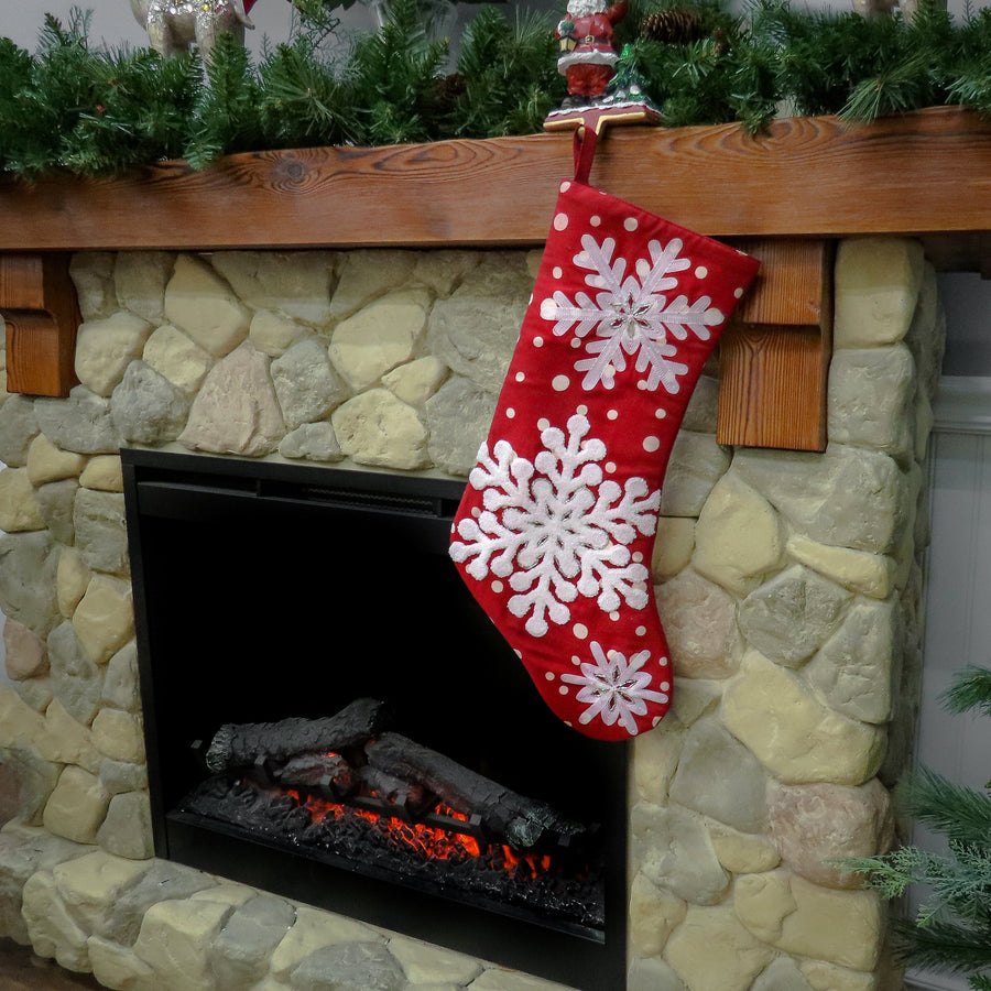 20 in. Red Stocking with Snowflake Embroidery, White Dots, and Bead Details
