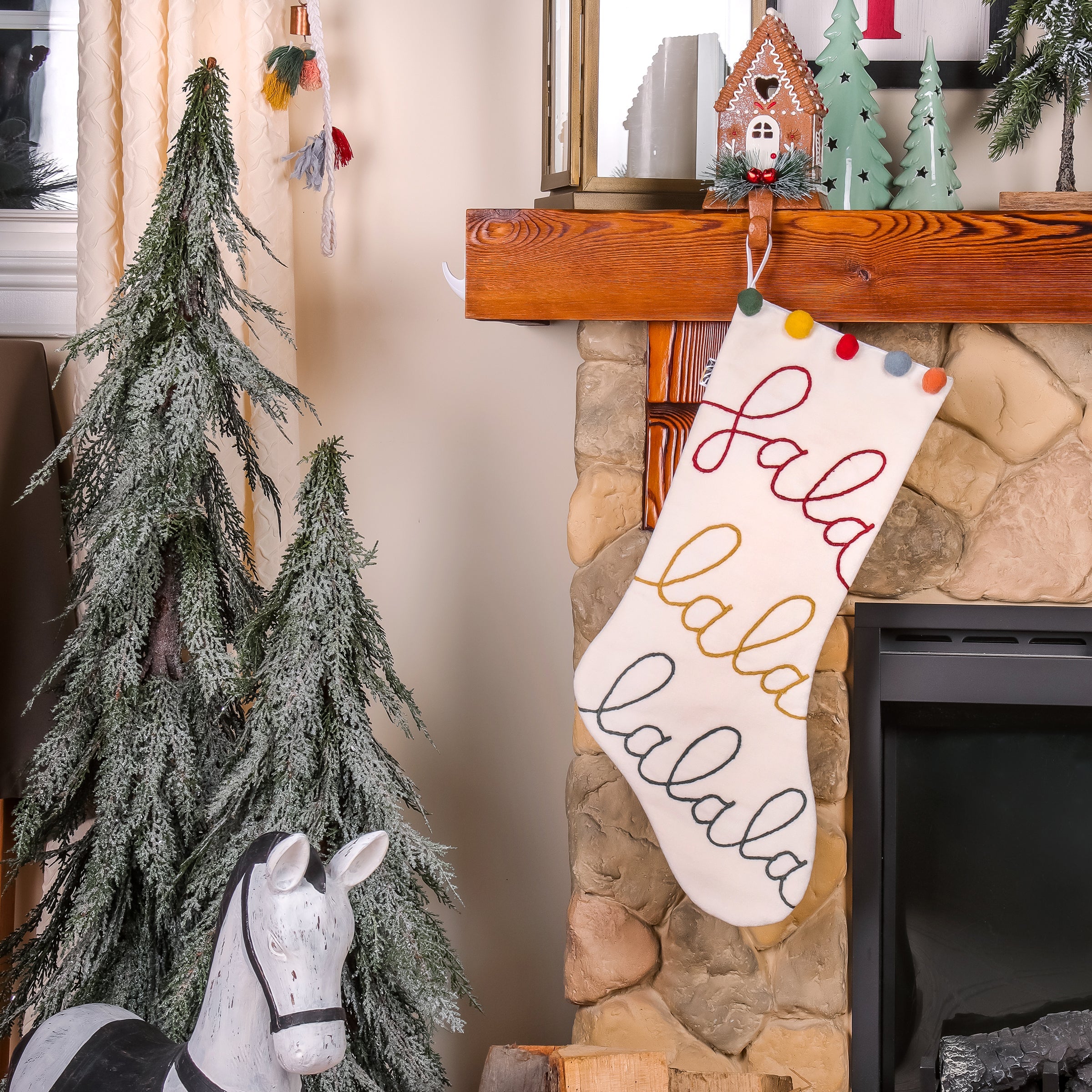 20 in. HGTV Home Collection White Fa La La Stocking