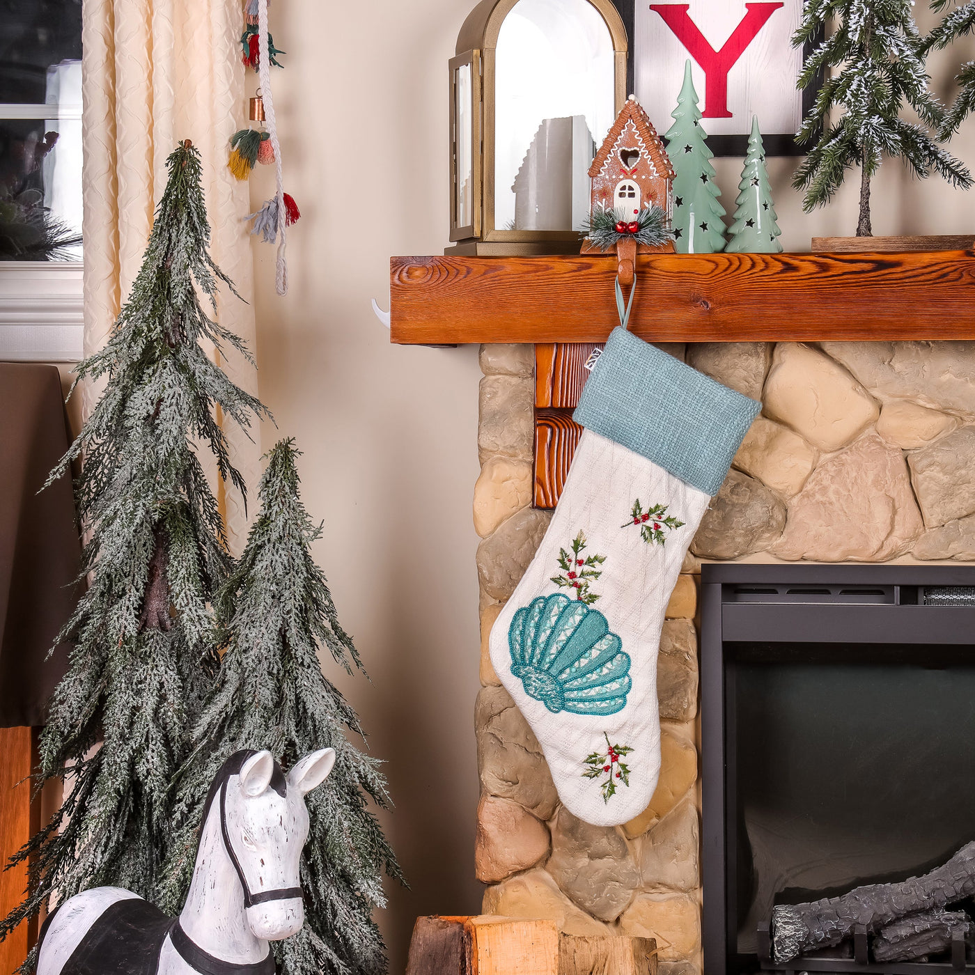 20 in. HGTV Home Collection Embroidered Blue Shell Stocking
