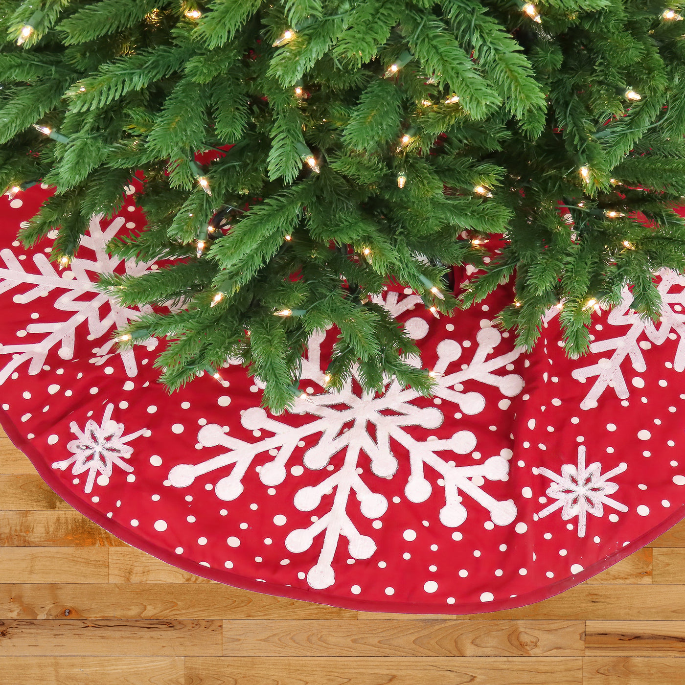 52 in. HGTV Home Collection Red Tree Skirt with Snowflake Embroidery and White Dots