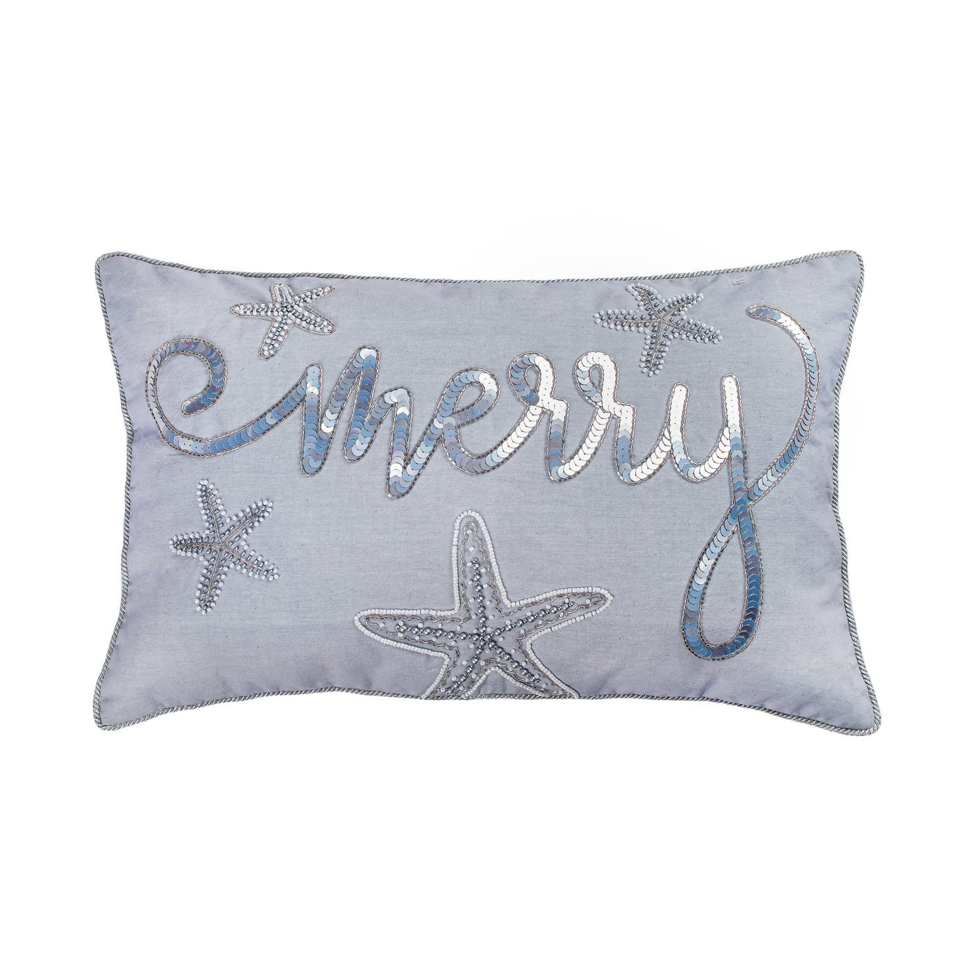 14 in by 22 in. Coastal Merry Embroidered Pillow, Blue, Silver