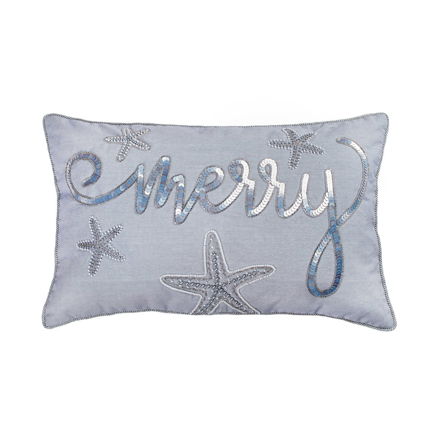14 in by 22 in. Coastal Merry Embroidered Pillow, Blue, Silver