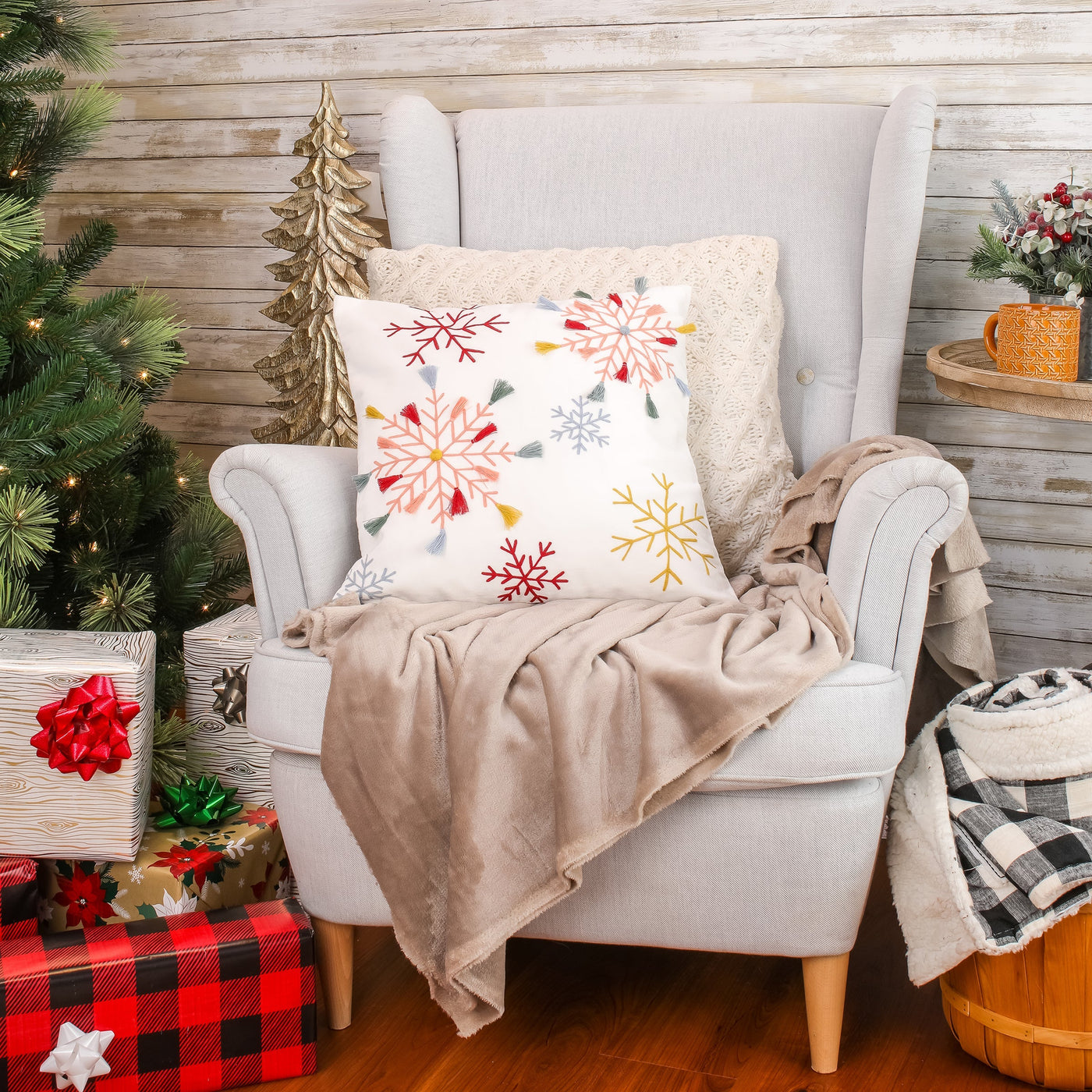 18 in. by 18 in.Velvet Snowflake Embroidery Pillow